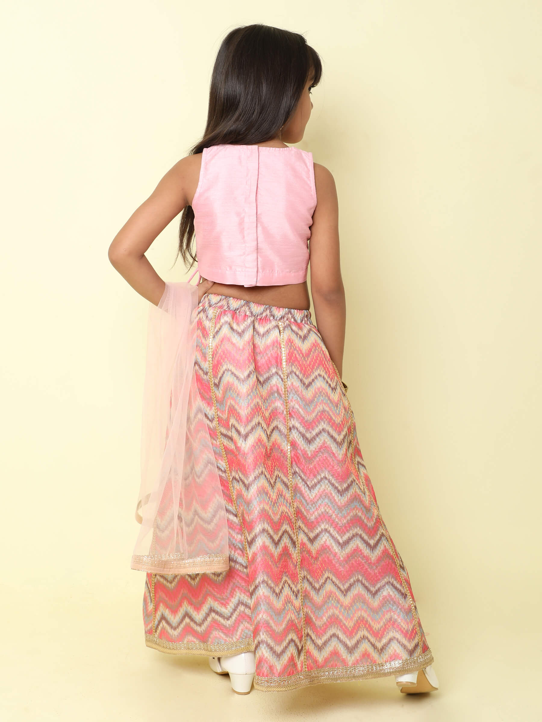 ethnic sleeveless v-neck choli , zig zag printed lehenga and dupatta set- Multi