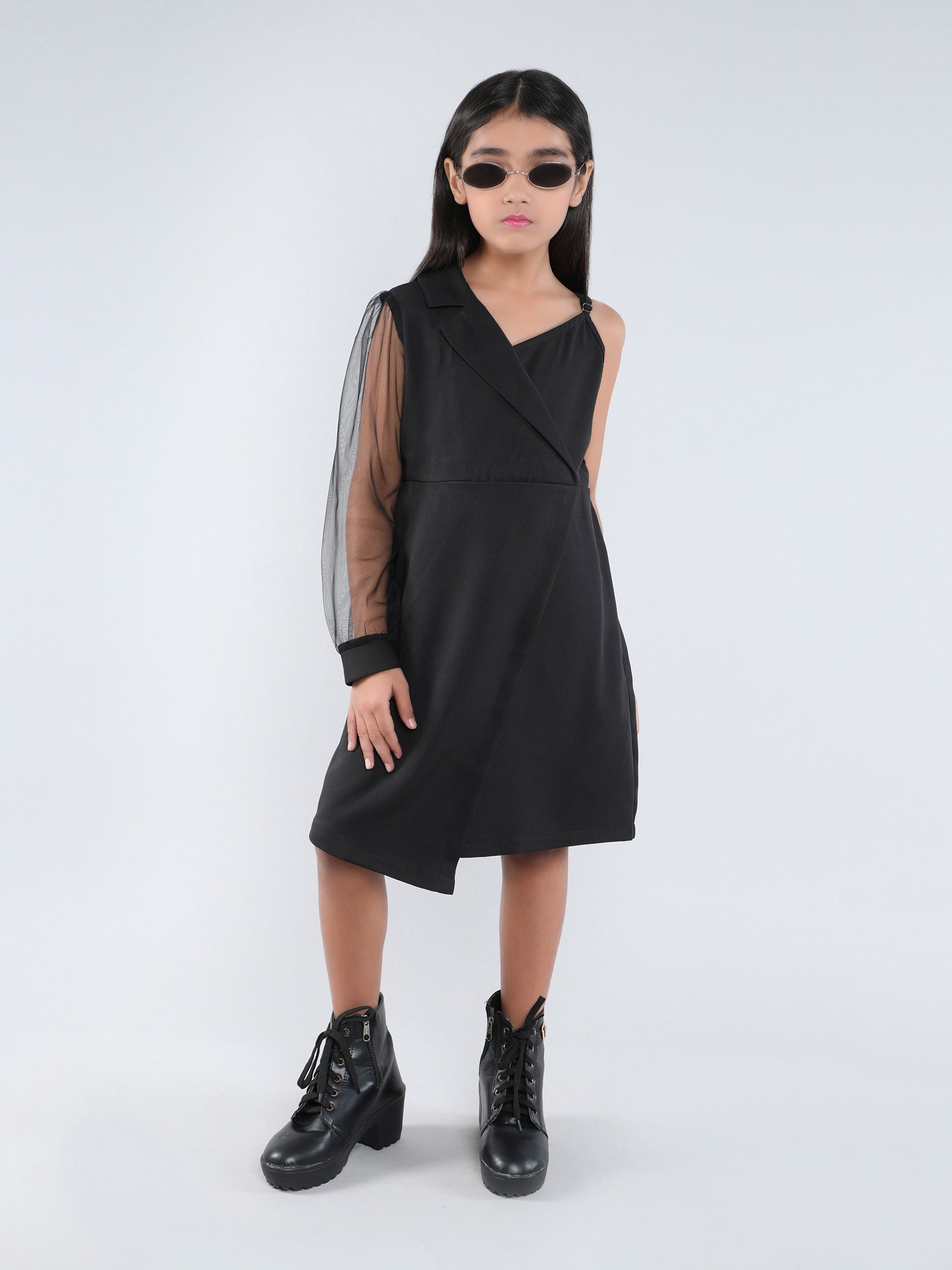 Asymmetric full sleeves blazer dress-Black