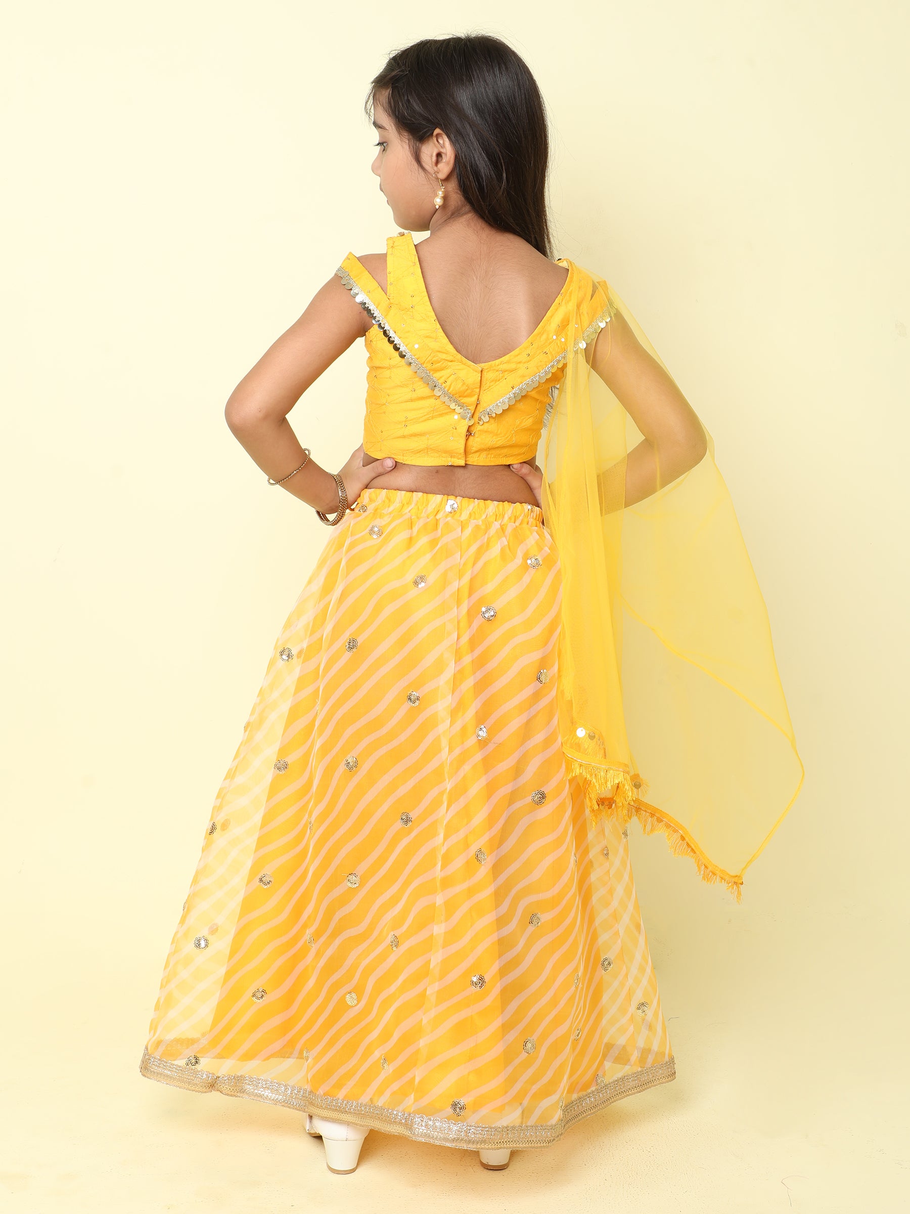 Shop Ethnic Lace Detail Embroidered Choli, Leheriya Printed Lehenga And Dupatta Set- Yellow Online