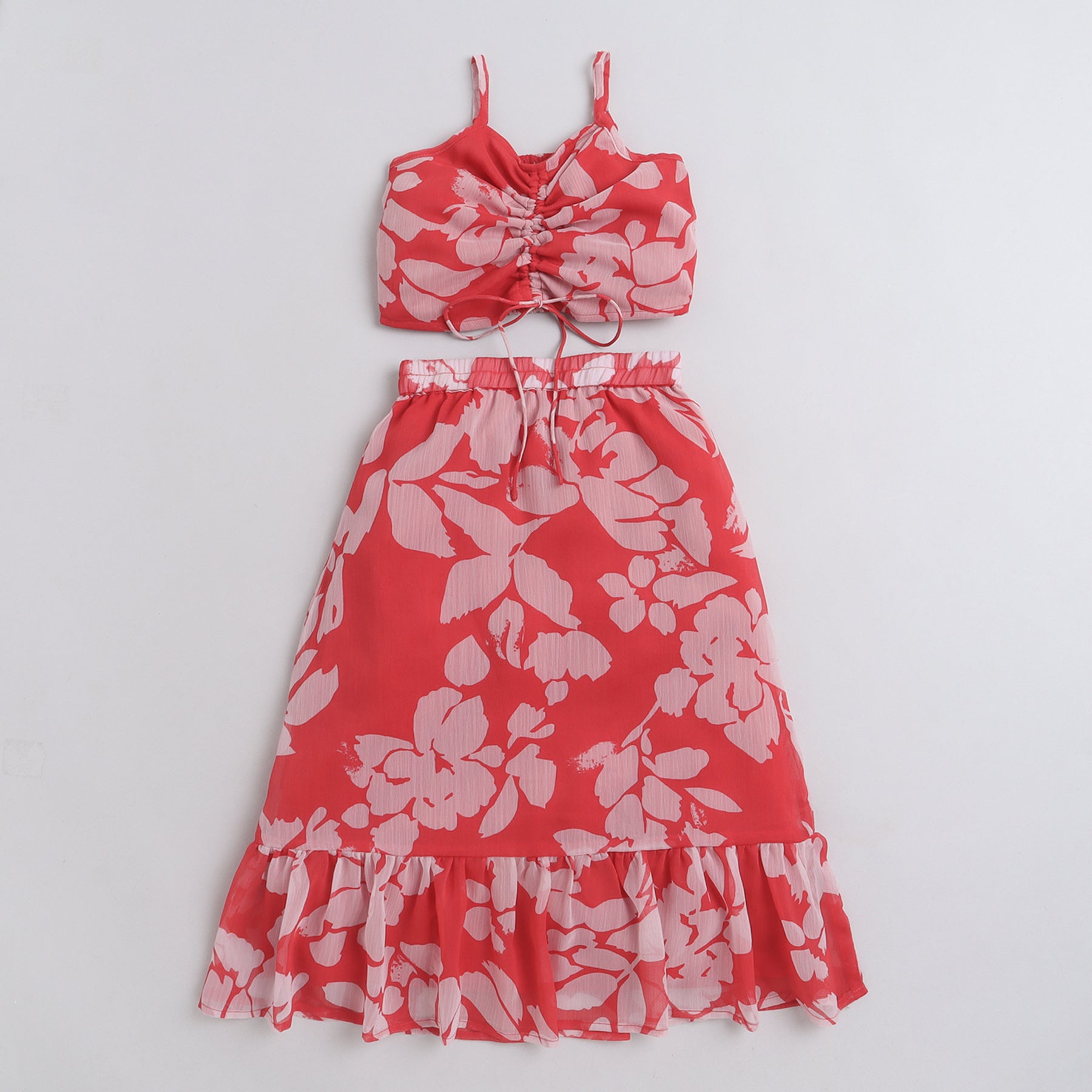 Taffykids ethnic floral printed sleeveless rushed top and tiered skirt set - Red