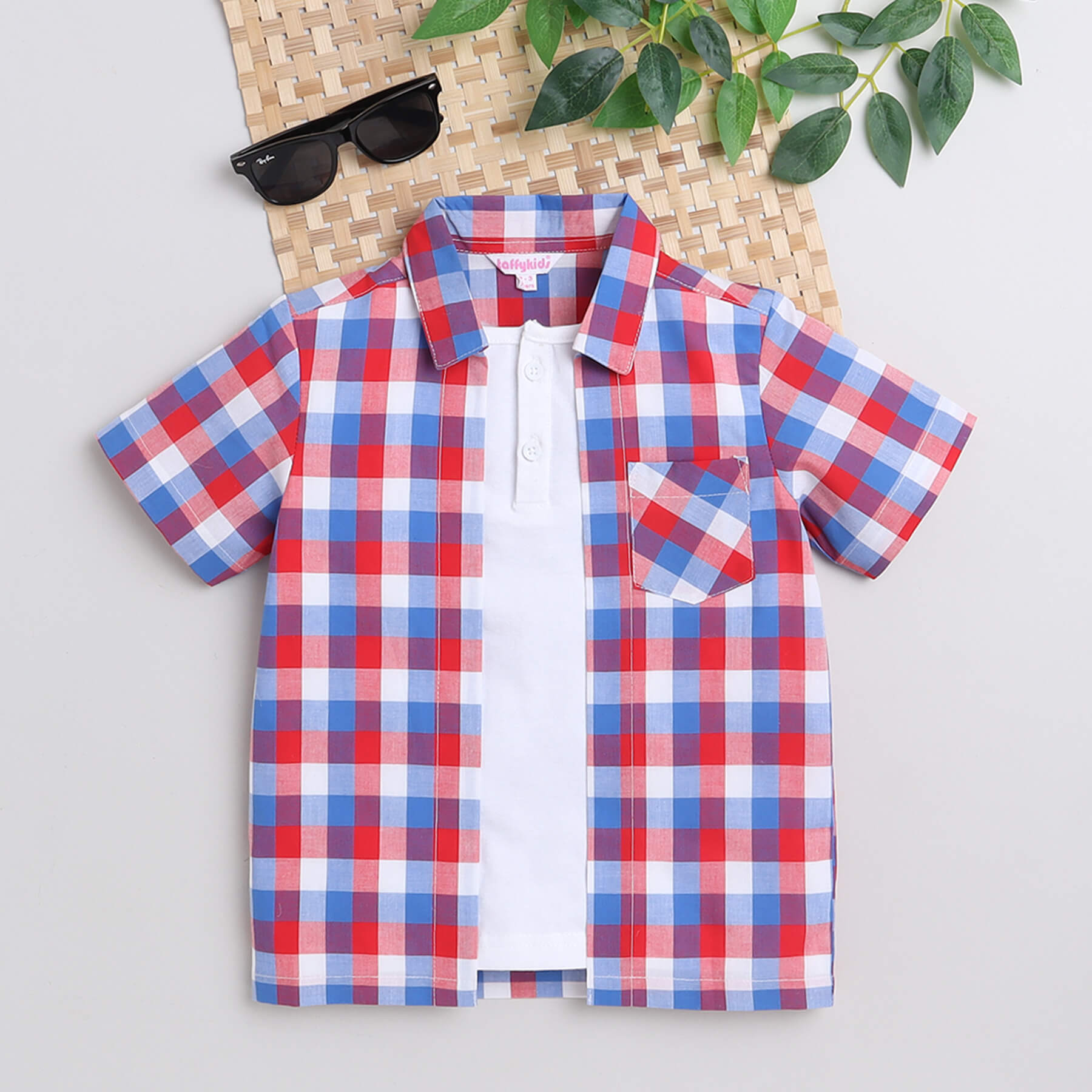 Taffykids checks half sleeves shirt with attached tee - Multi