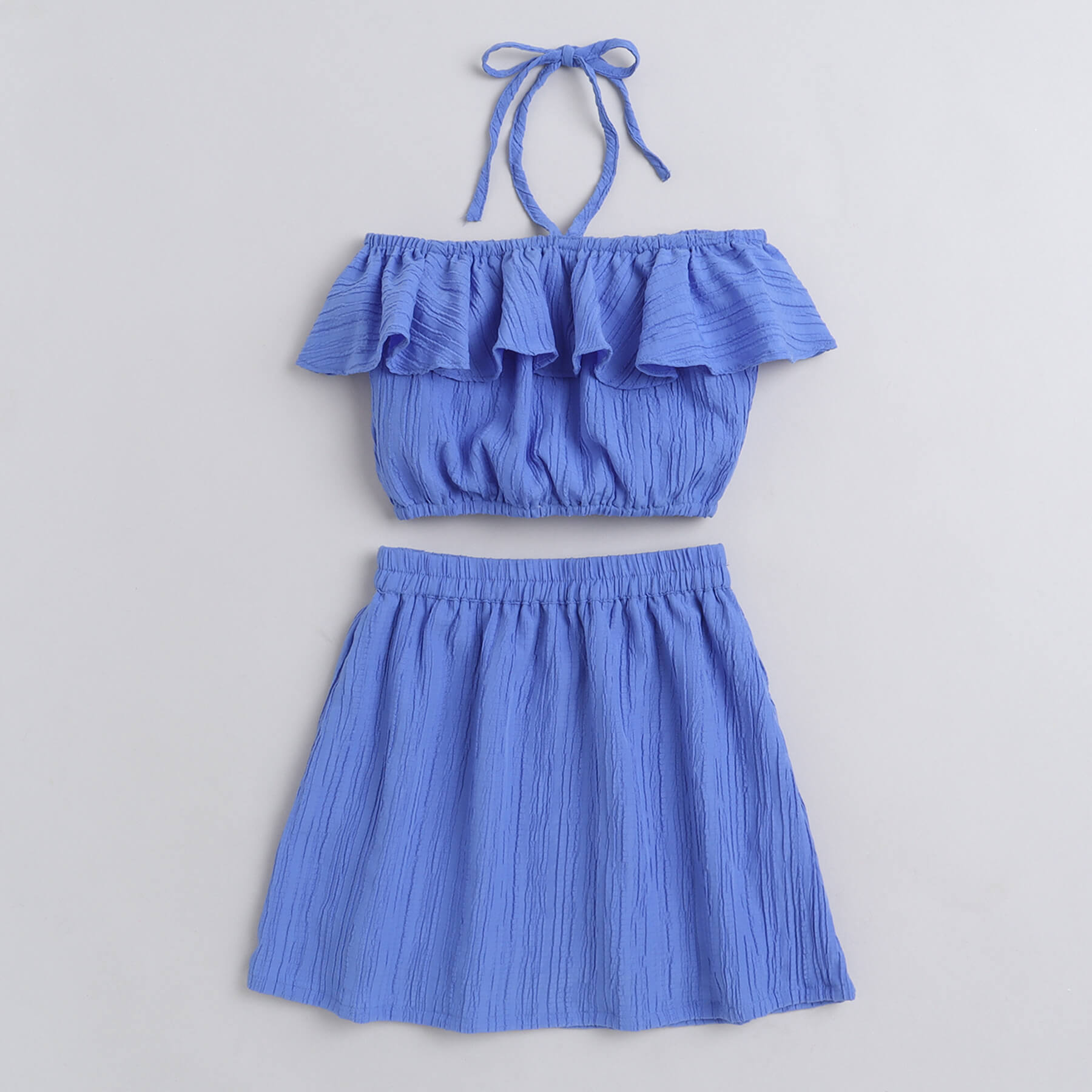 Shop Off-Shoulder Sleeveless Crop Top With Skirt Set-Blue Online