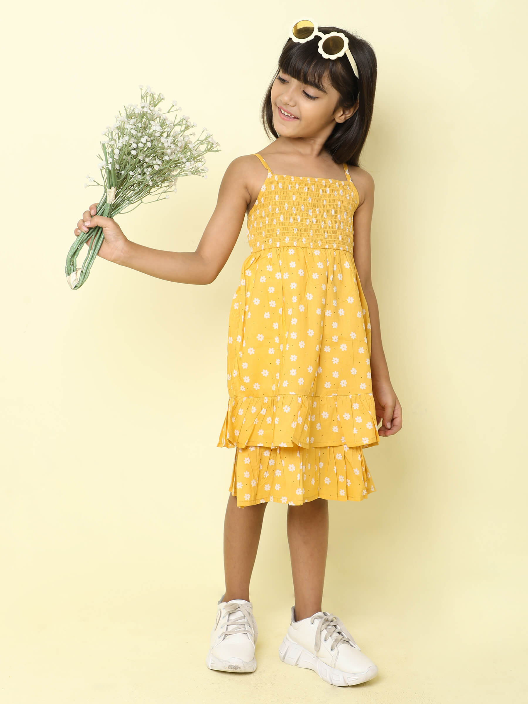 floral printed smoked detail singlet layered dress - Yellow