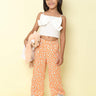 solid bow detail singlet crop top and printed pant set - White/Orange