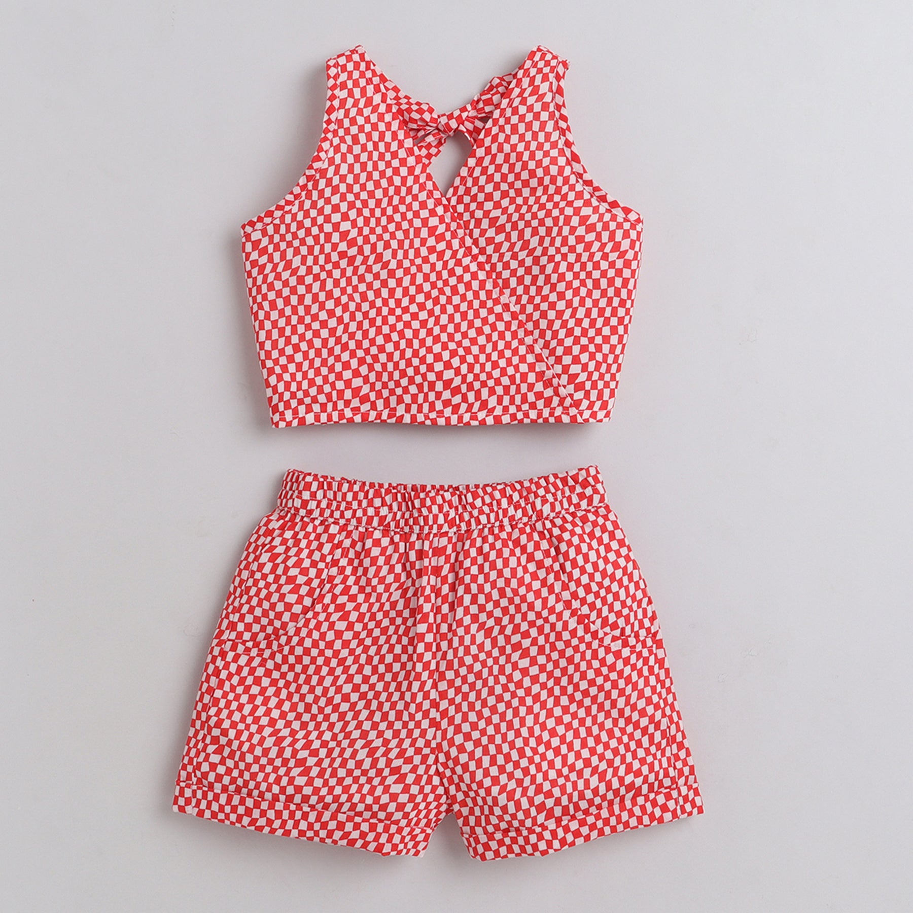Shop Checks Printed Halter Neck Top And Short Set - Red/ White Online