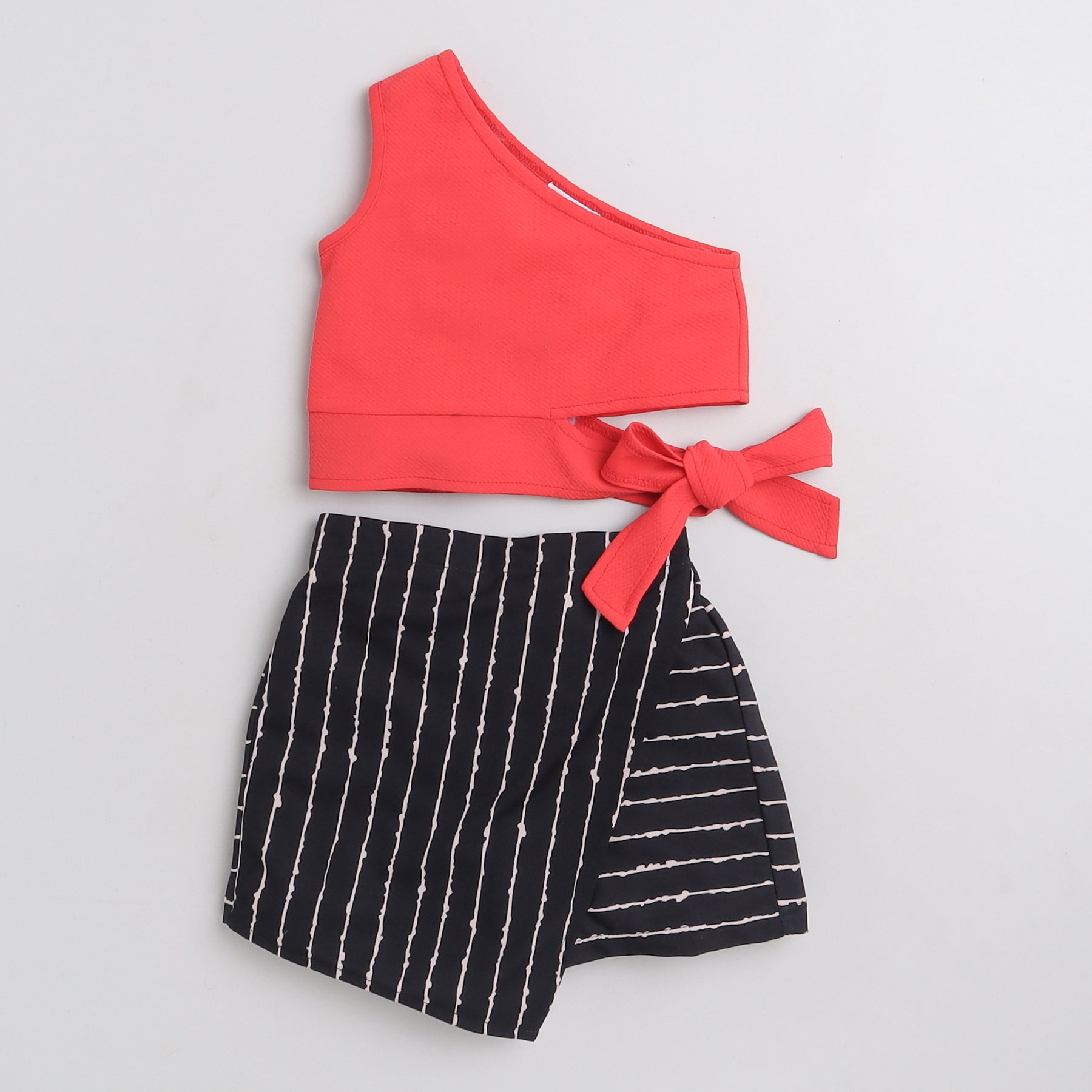 Taffykids solid one shoulder tie up top with stripes over lapped skirt set-Red/Black