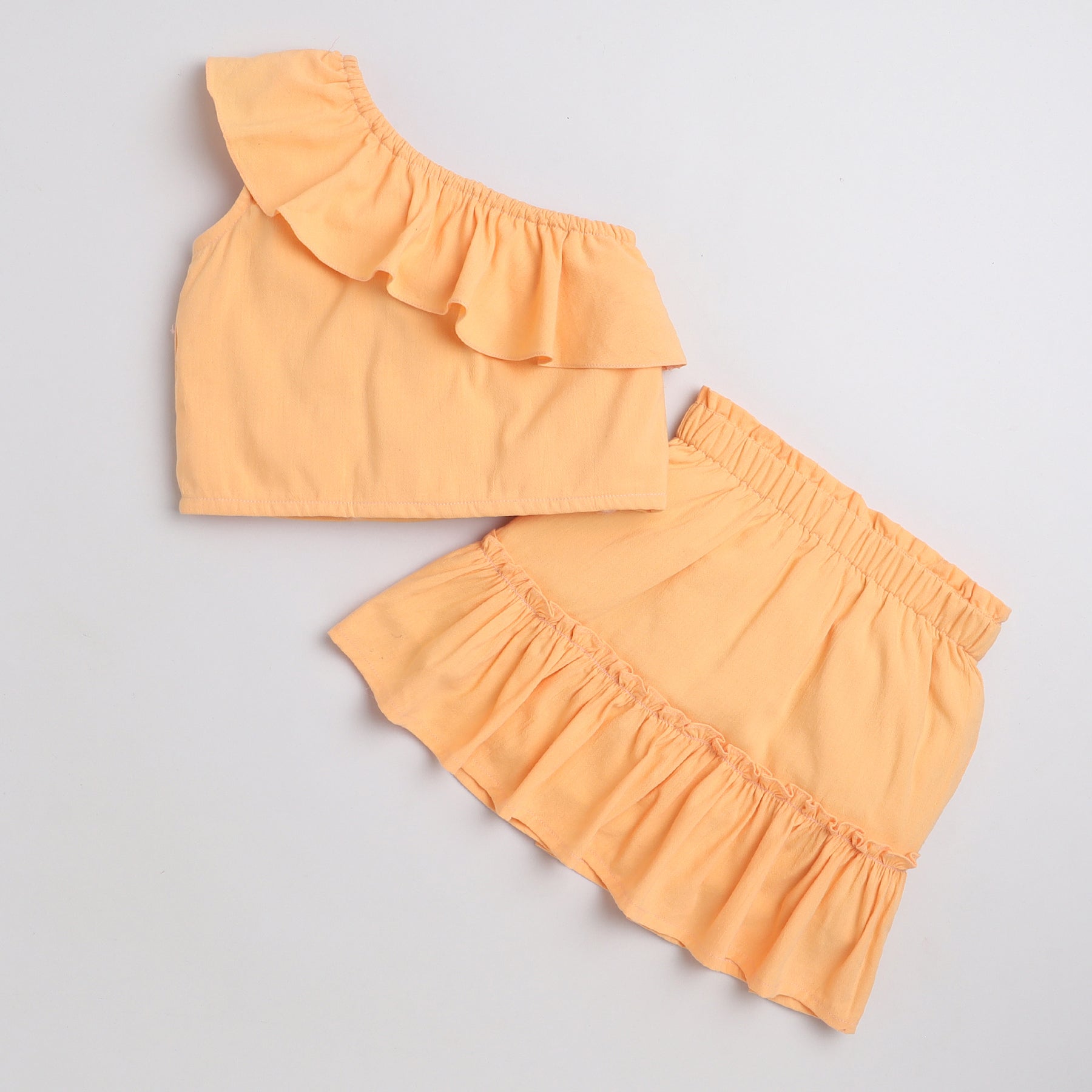 Shop Frill Detail One Shoulder Top And Tiered Skirt Set- Mustard Orange Online