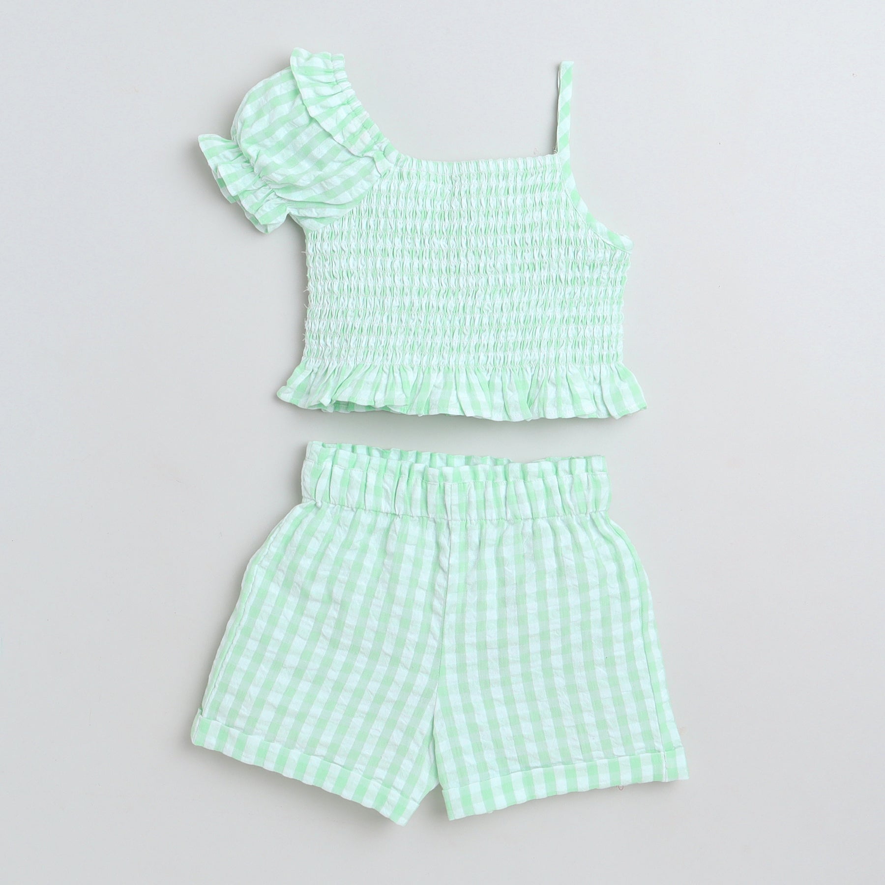 Shop Checked One Shoulder Puff Sleeves Crop Top And Shorts Set - White/Green Online