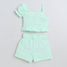 Checked one shoulder puff sleeves crop top and shorts set - White/Green