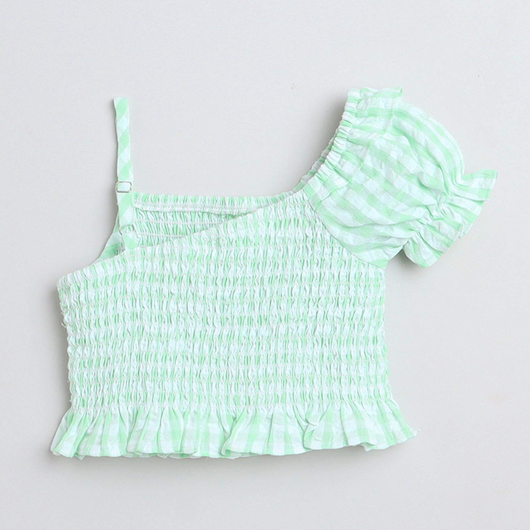Shop Checked One Shoulder Puff Sleeves Crop Top And Shorts Set - White/Green Online