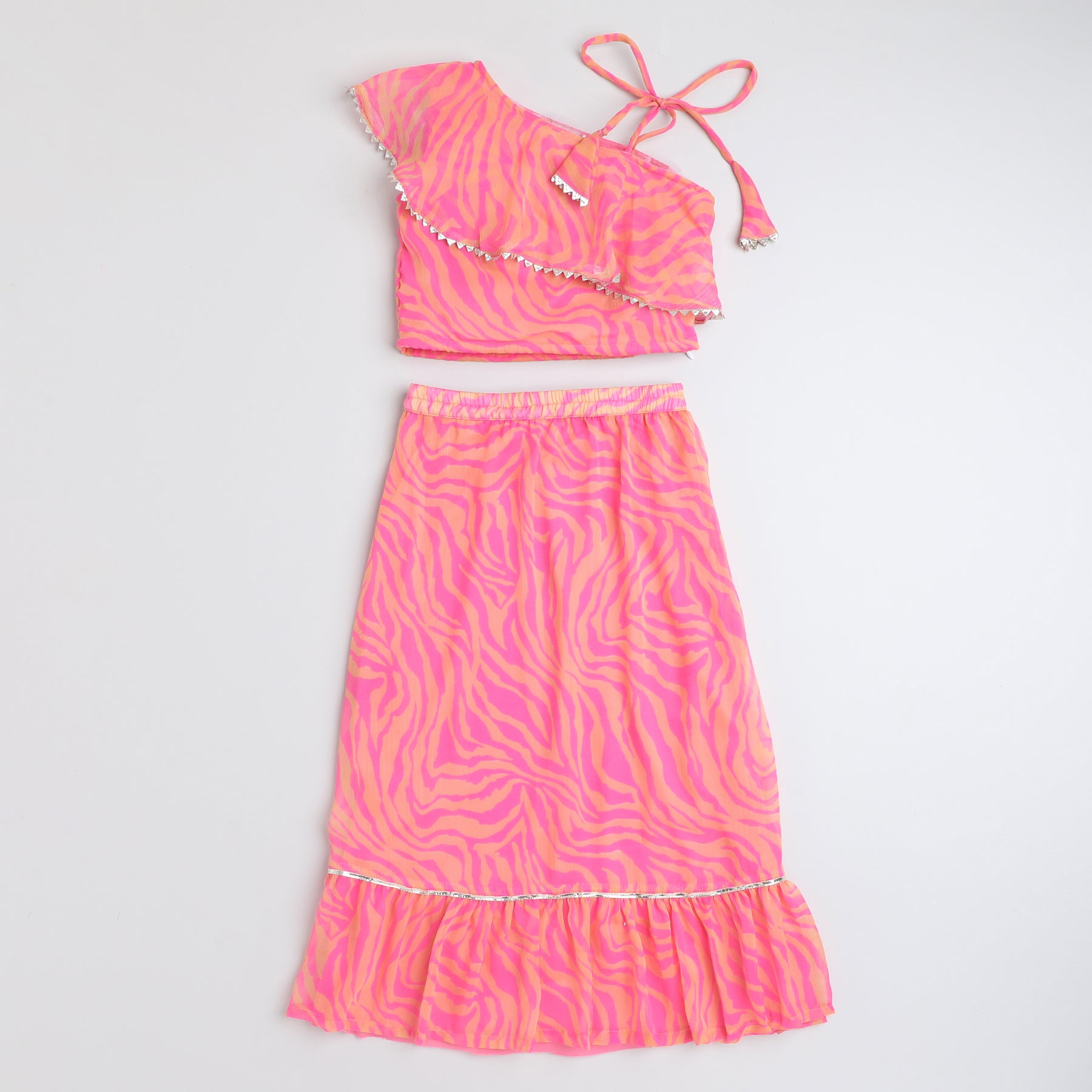 animal print one shoulder ethnic top and tieres skirt set-Pink