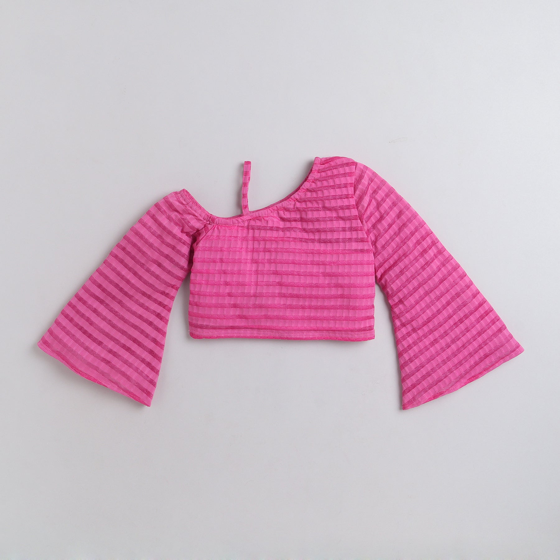 Shop Striped One Shoulder Bell Sleeves Crop Top With Short Skirt Set-Pink Online