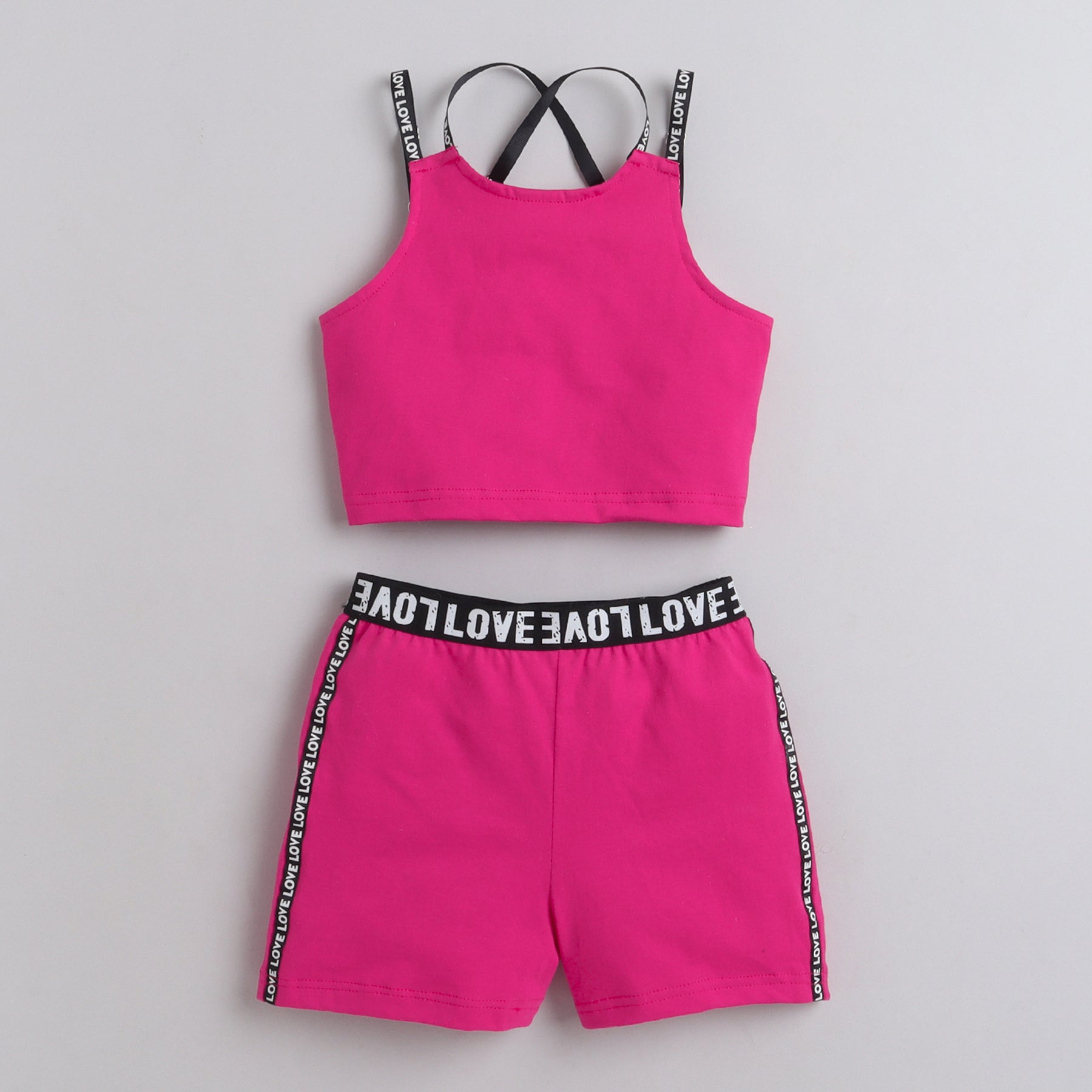 pink love printed crop top and shorts set