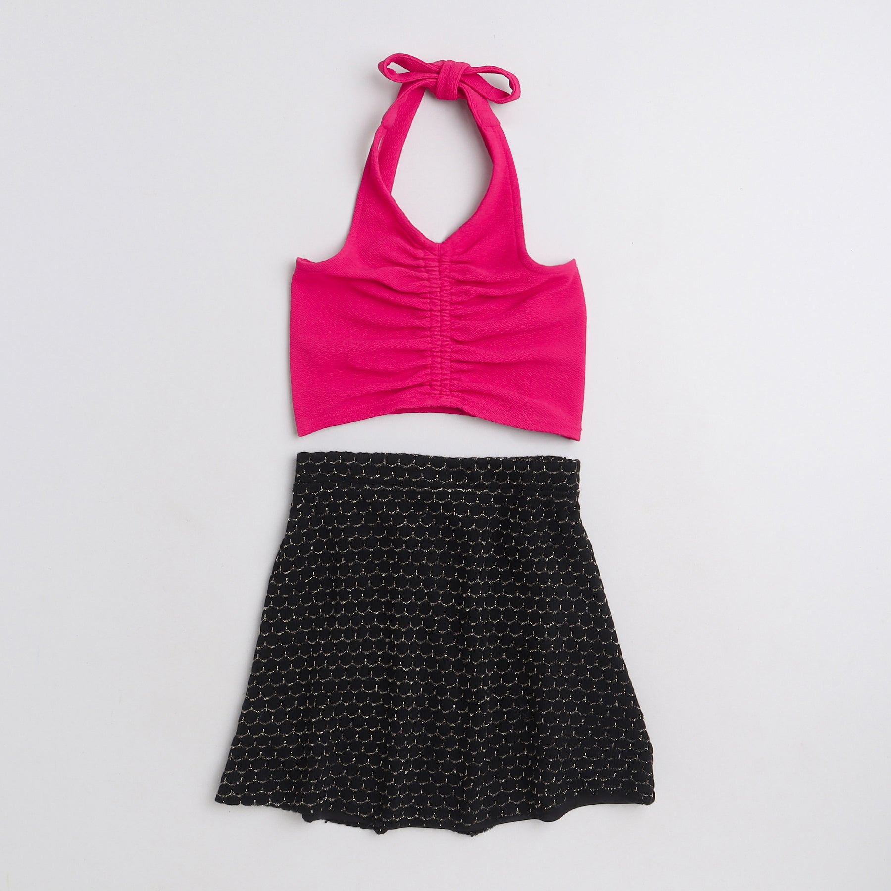 Taffykids solid halter neck rushed crop top and skirt set - Pink/Black