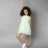 heart printed ruffle detail dress-White/Neon green