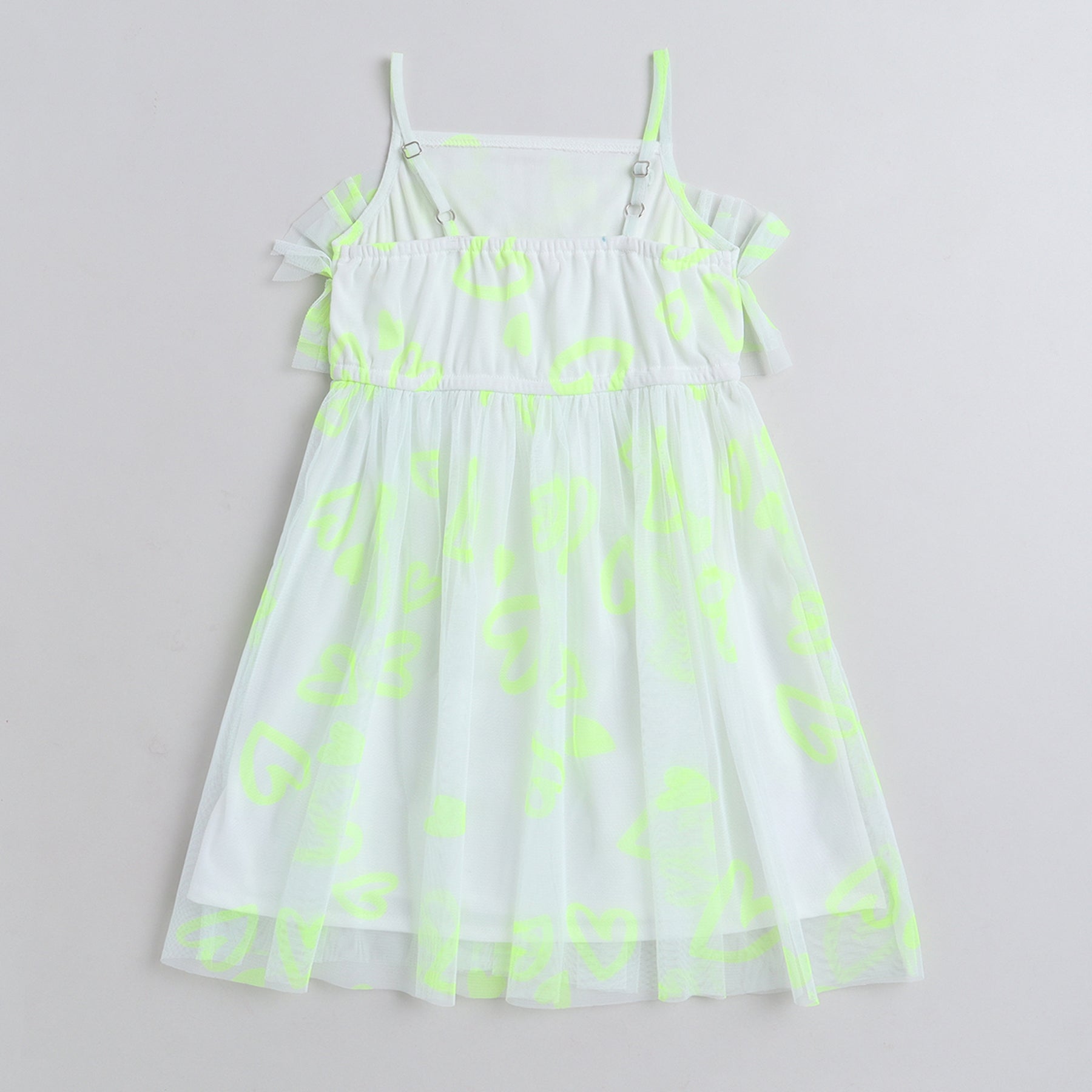 Taffykids heart printed ruffle detail dress-White/Neon green