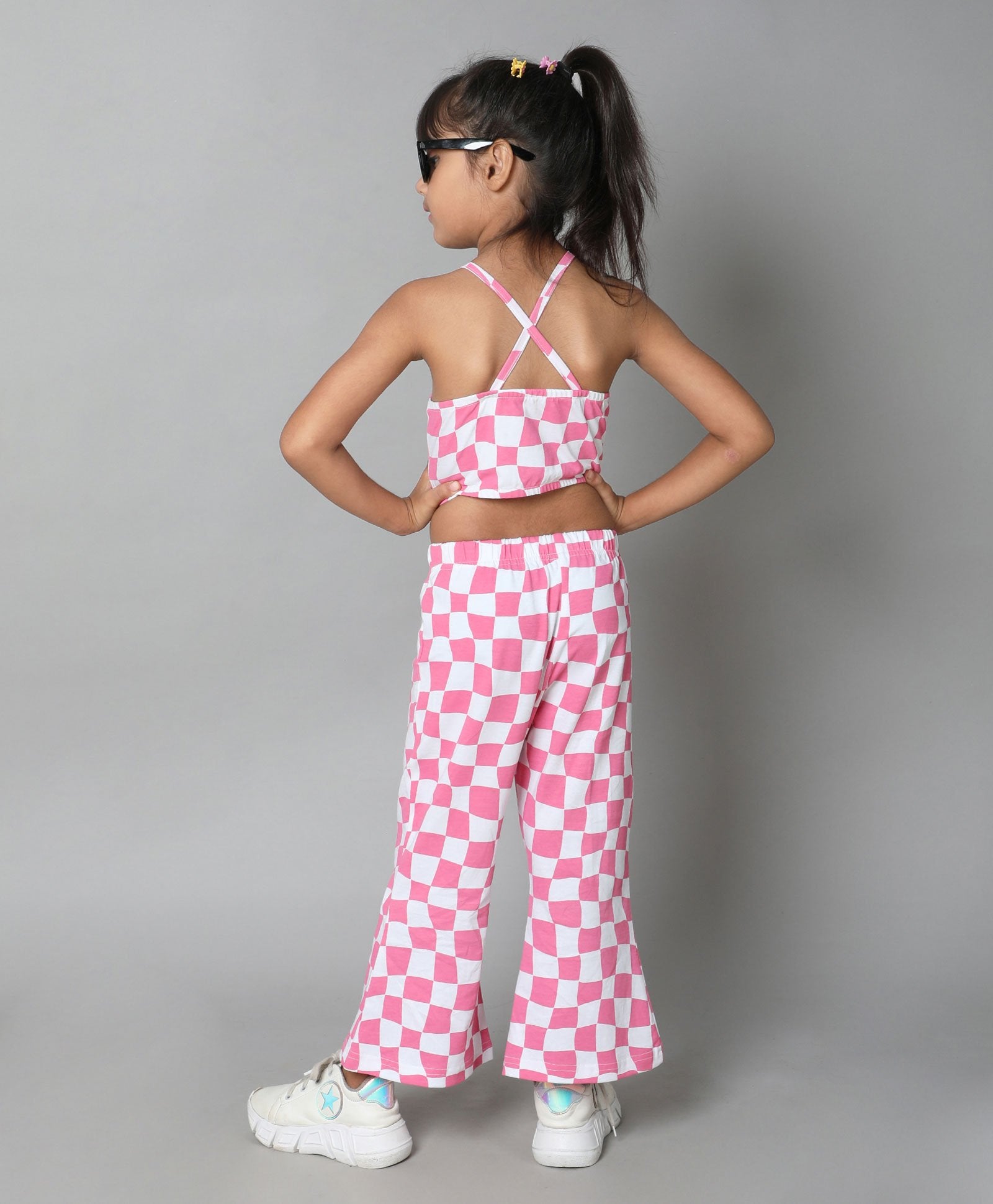 checks printed halter crop top & bell bottom pant set- Pink/White