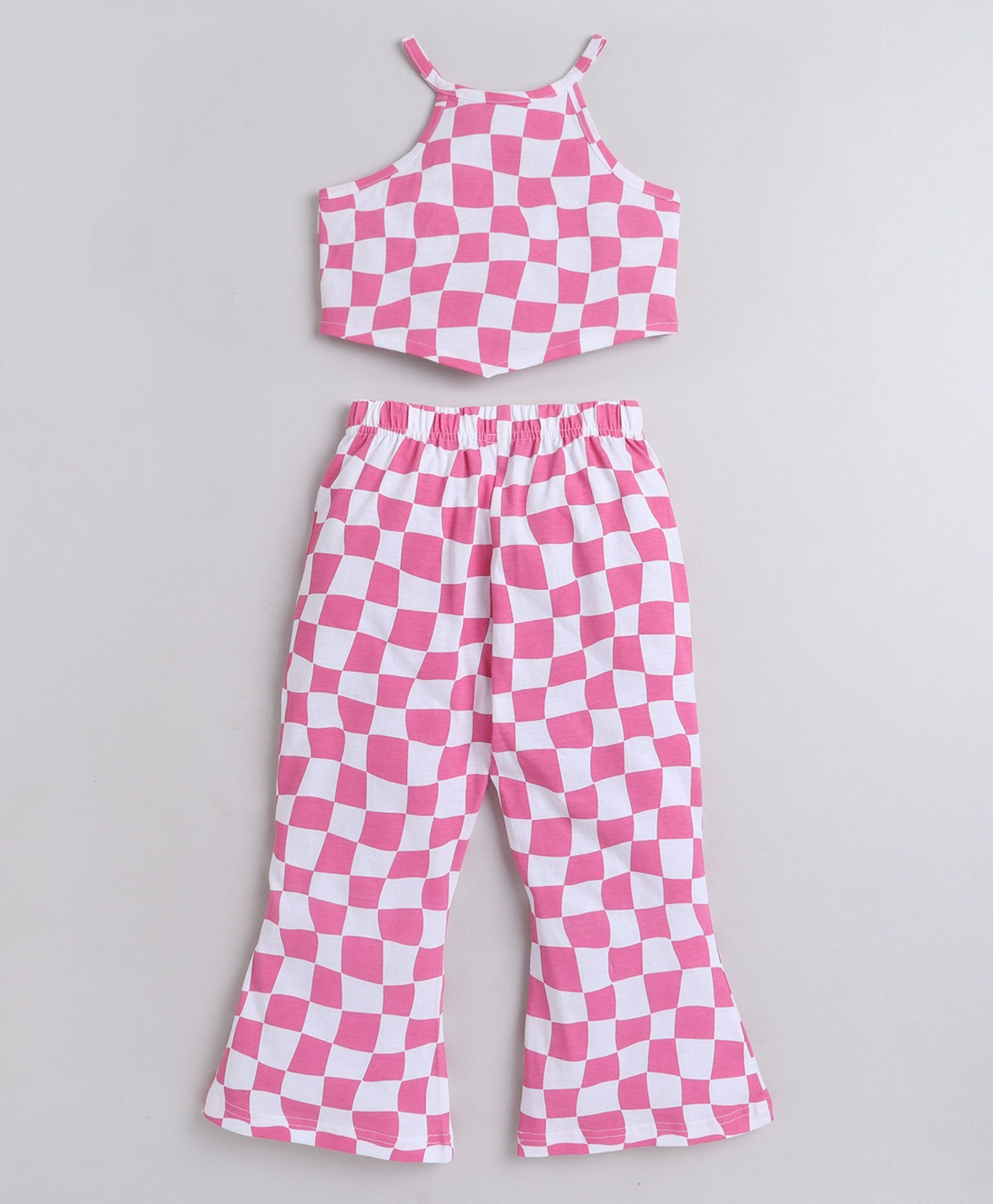 checks printed halter crop top & bell bottom pant set- Pink/White