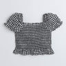 checked printed puff sleeves smoked crop top-black/White