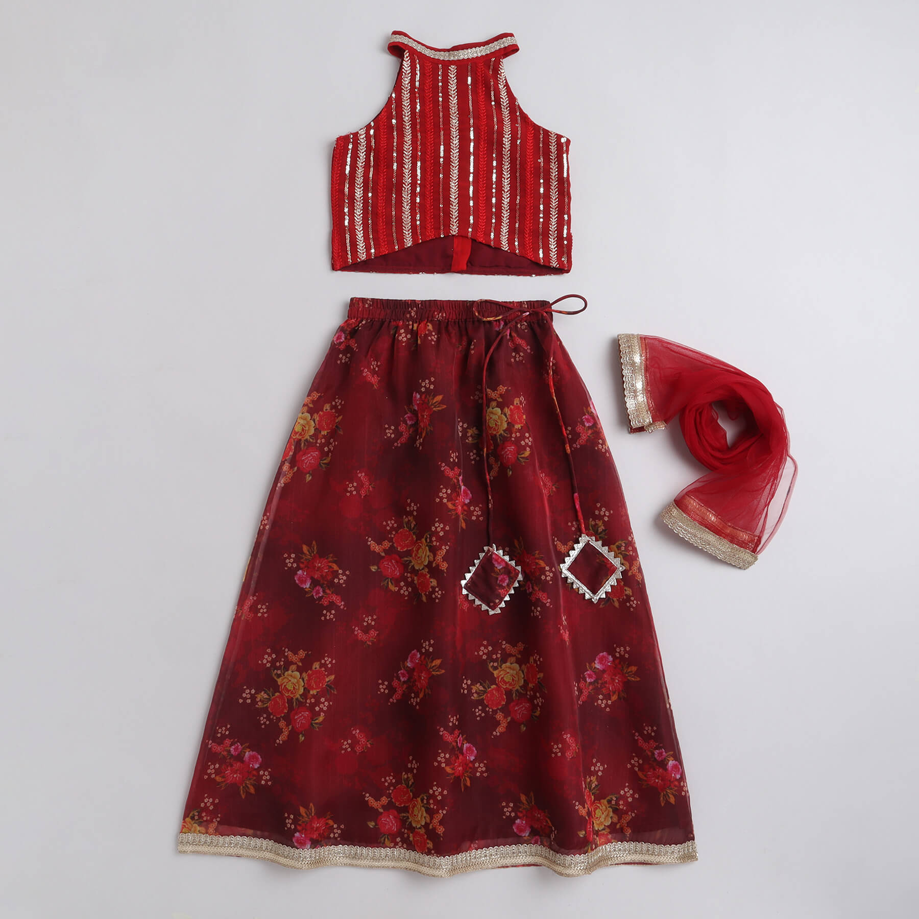 Shop Embroidered Halter Neck Ethnic Choli And Printed Lehenga Set With Dupatta-Red Online