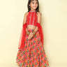 embroidered ethnic choli and printed lehenga set with duppatta-Red/Multi