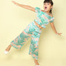 tropical printed puff sleeves crop top and Pant set-Peach/Green