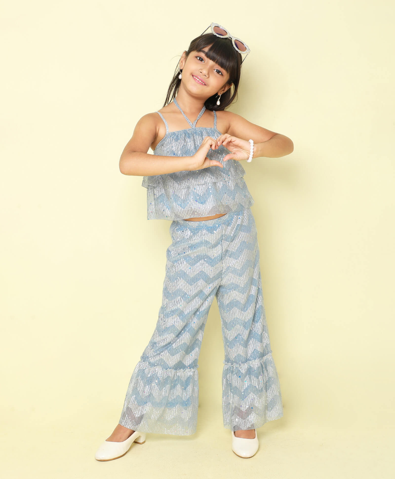 Taffykids foil printed A-line crop top and tiered pant ethnic set-Ice blue