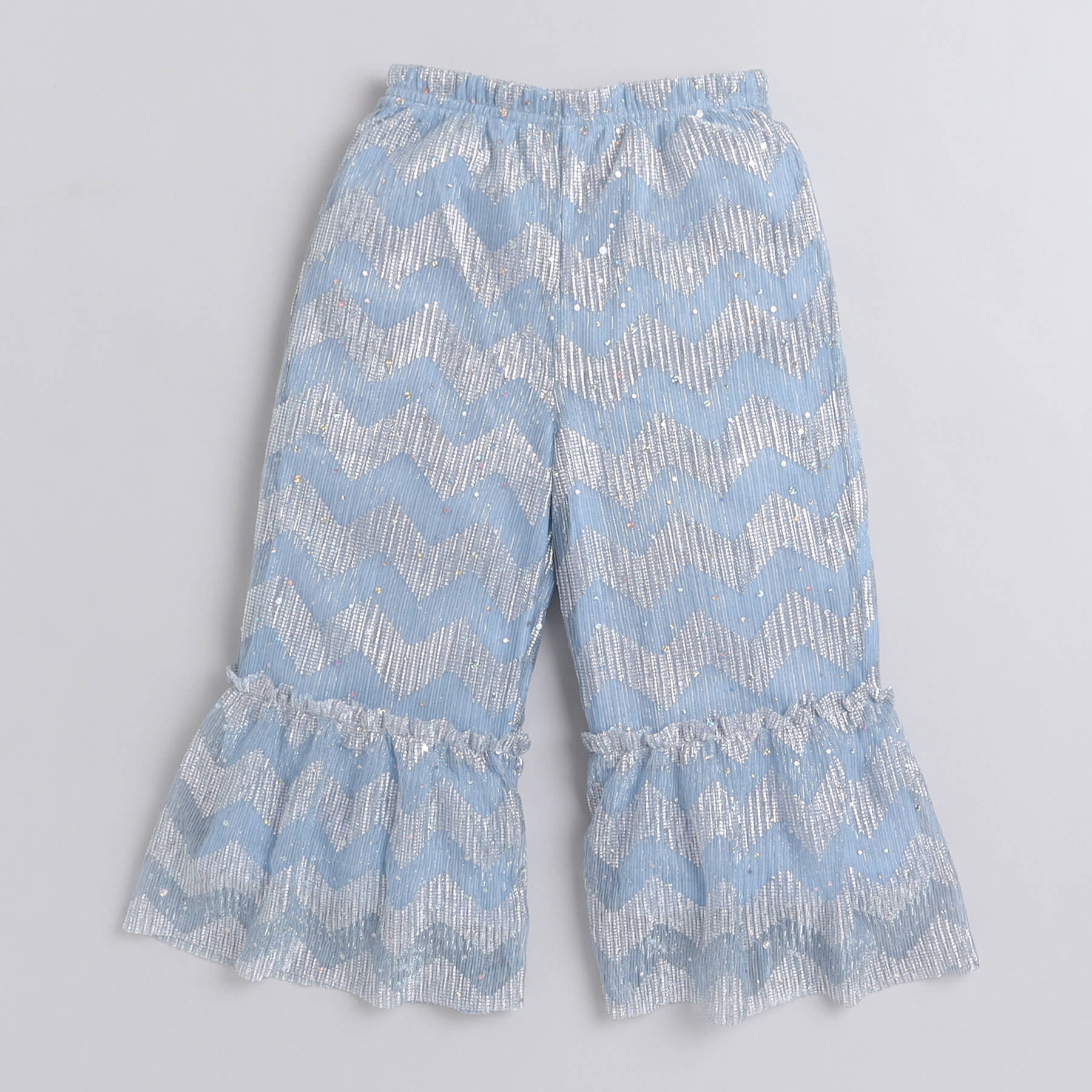 Taffykids foil printed A-line crop top and tiered pant ethnic set-Ice blue