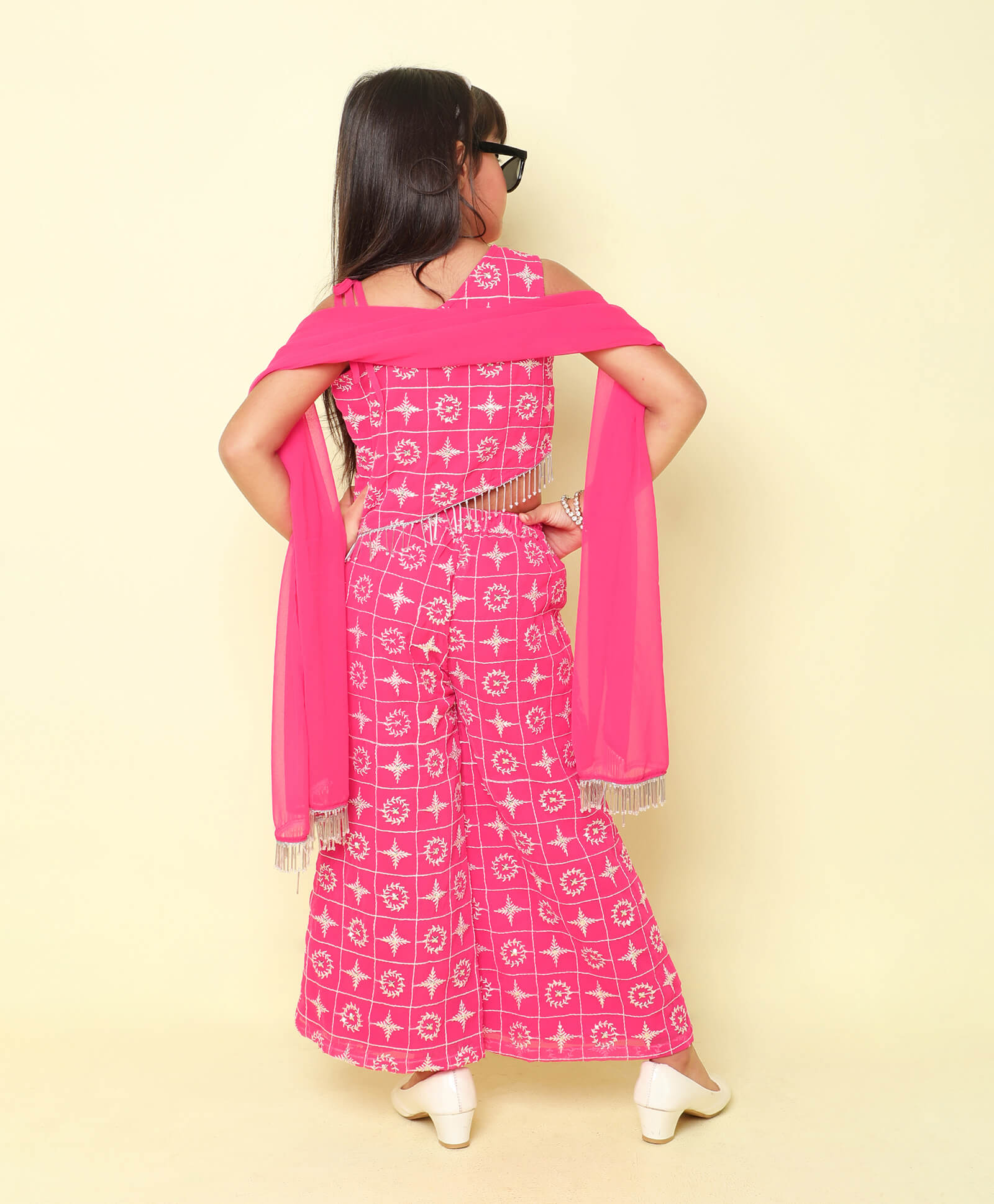 Shop Embroidered One Shoulder Ethnic Choli And Palazzo Set With Dupatta-Pink Online