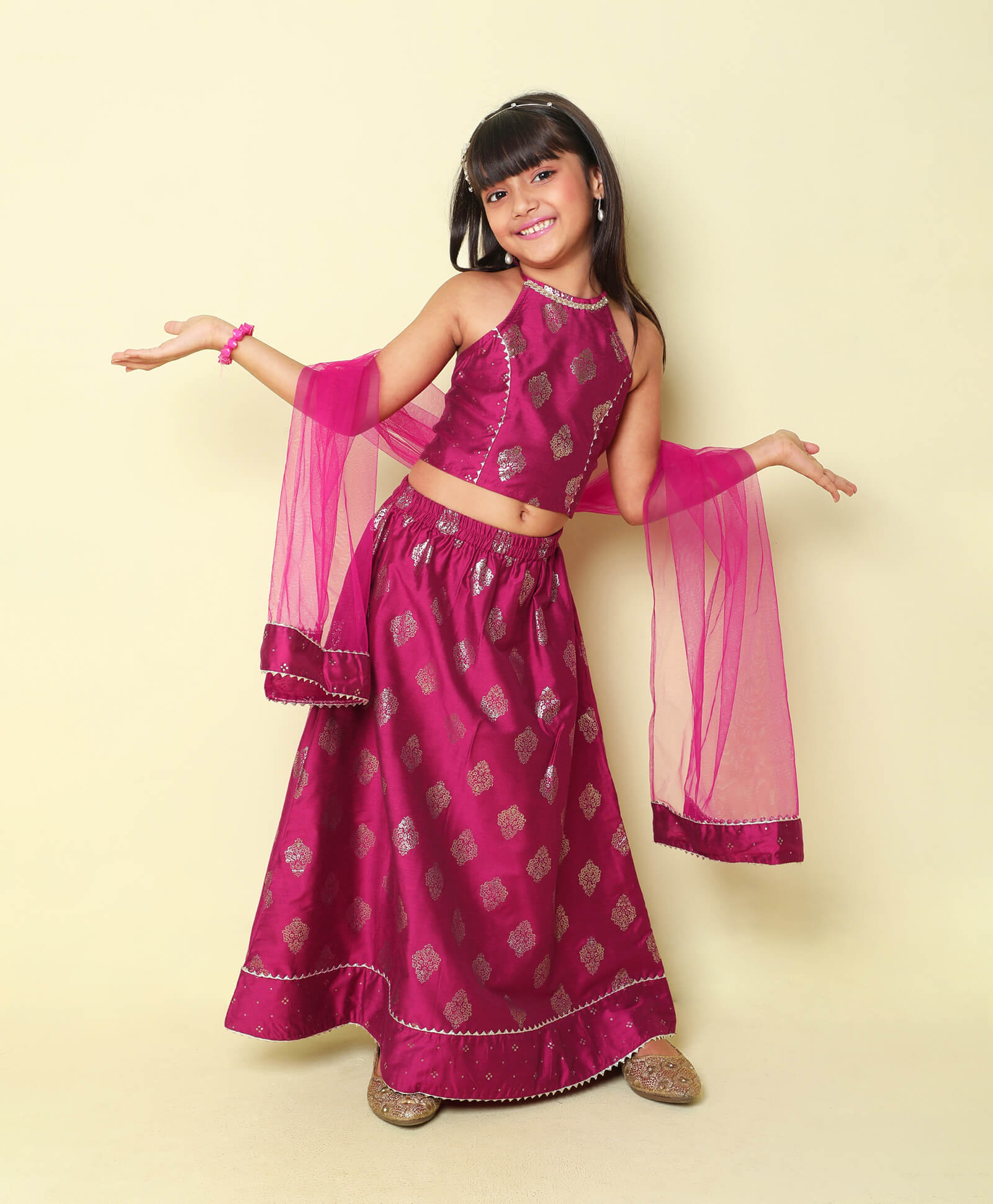 Shop Foil Printed Back Tie Up Ethnic Choli And Ghagara Set With Dupatta-Wine Online