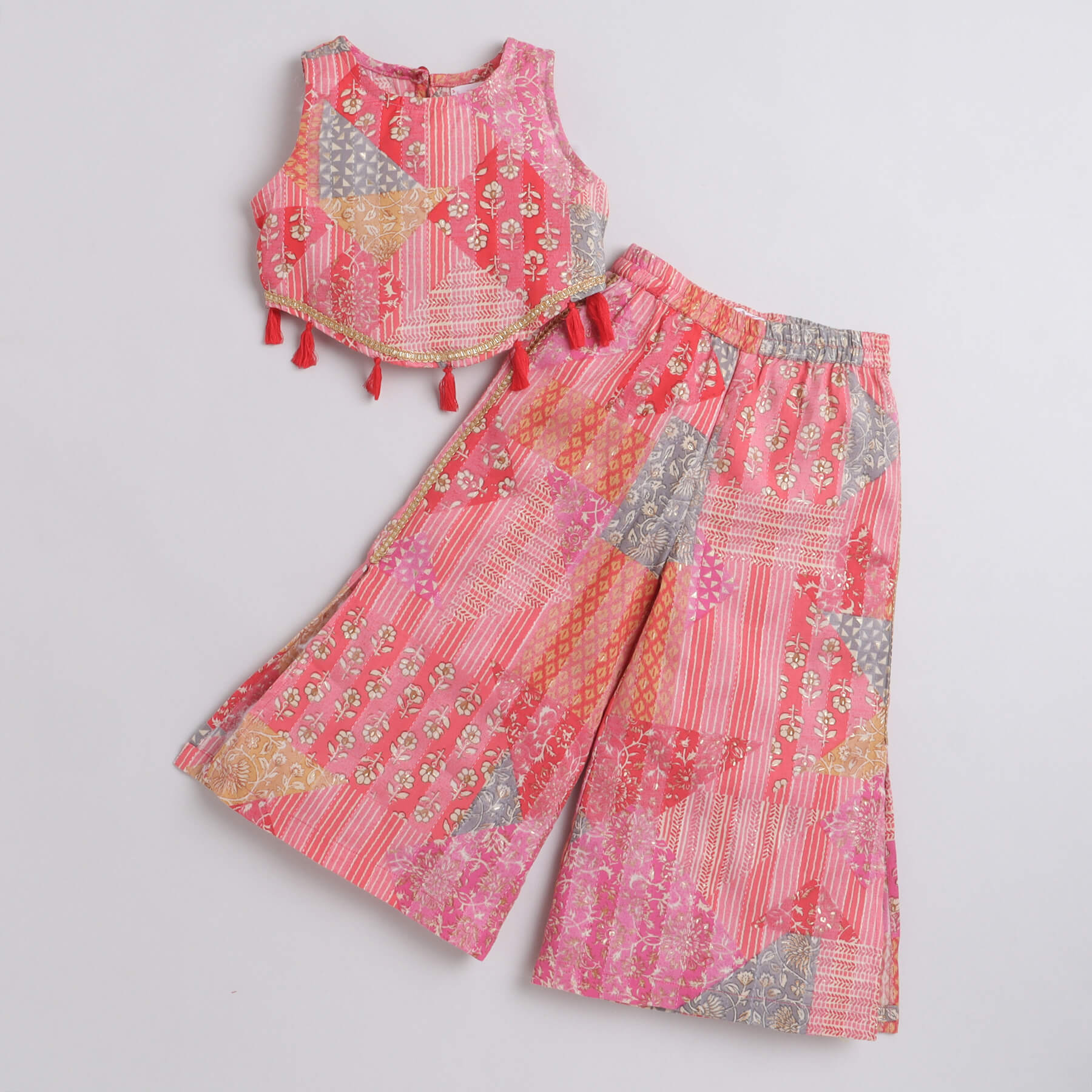 Taffykids 100% cotton patchwork printed ethnic crop top and slit pant set-Multi