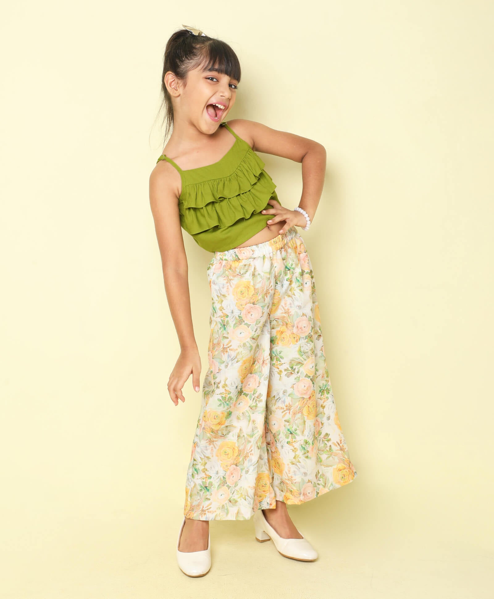 Taffykids 100% cotton Ruffle detail ethnic crop top and printed pant set-Green