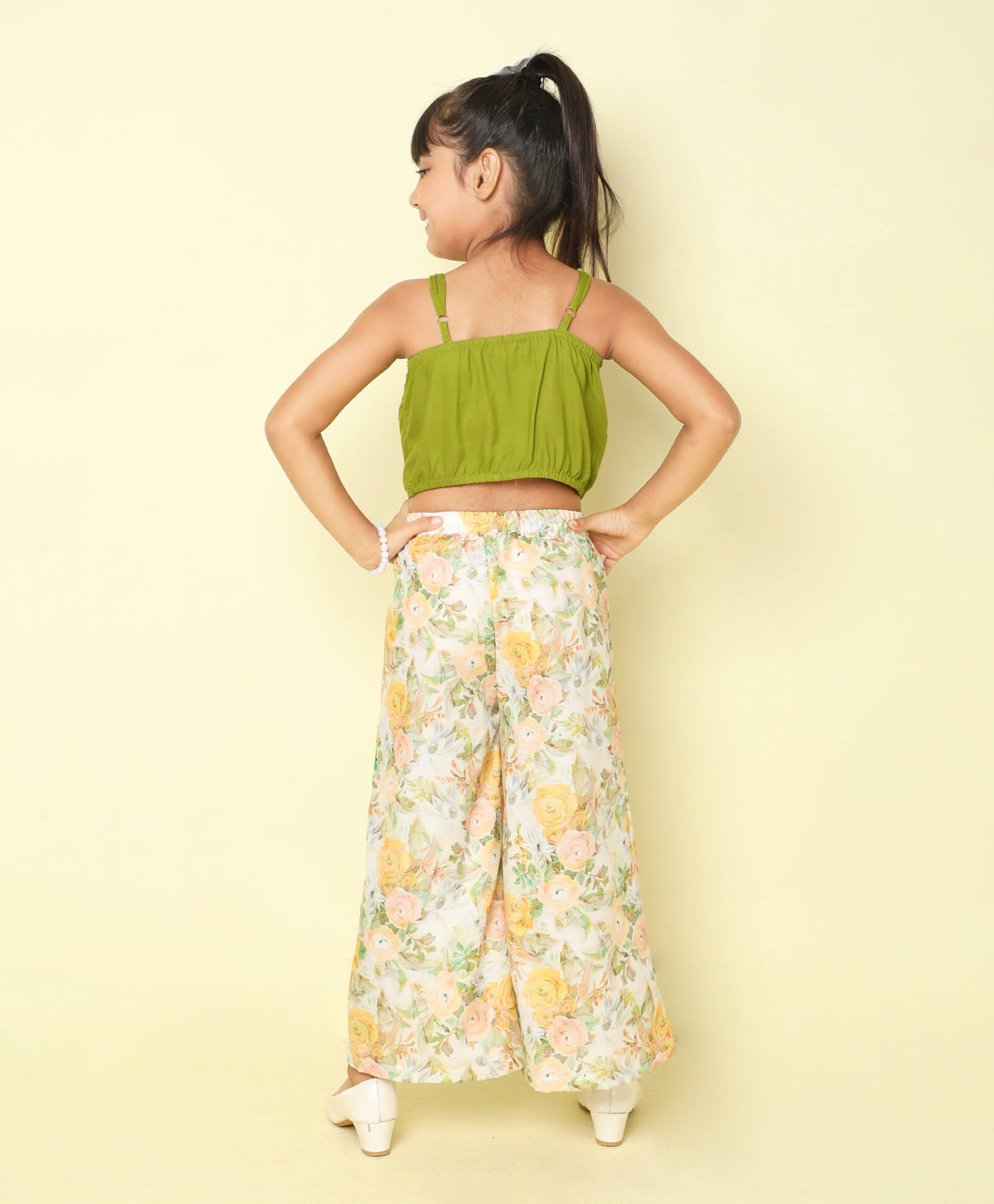 Shop 100% Cotton Ruffle Detail Ethnic Crop Top And Printed Pant Set-Green Online