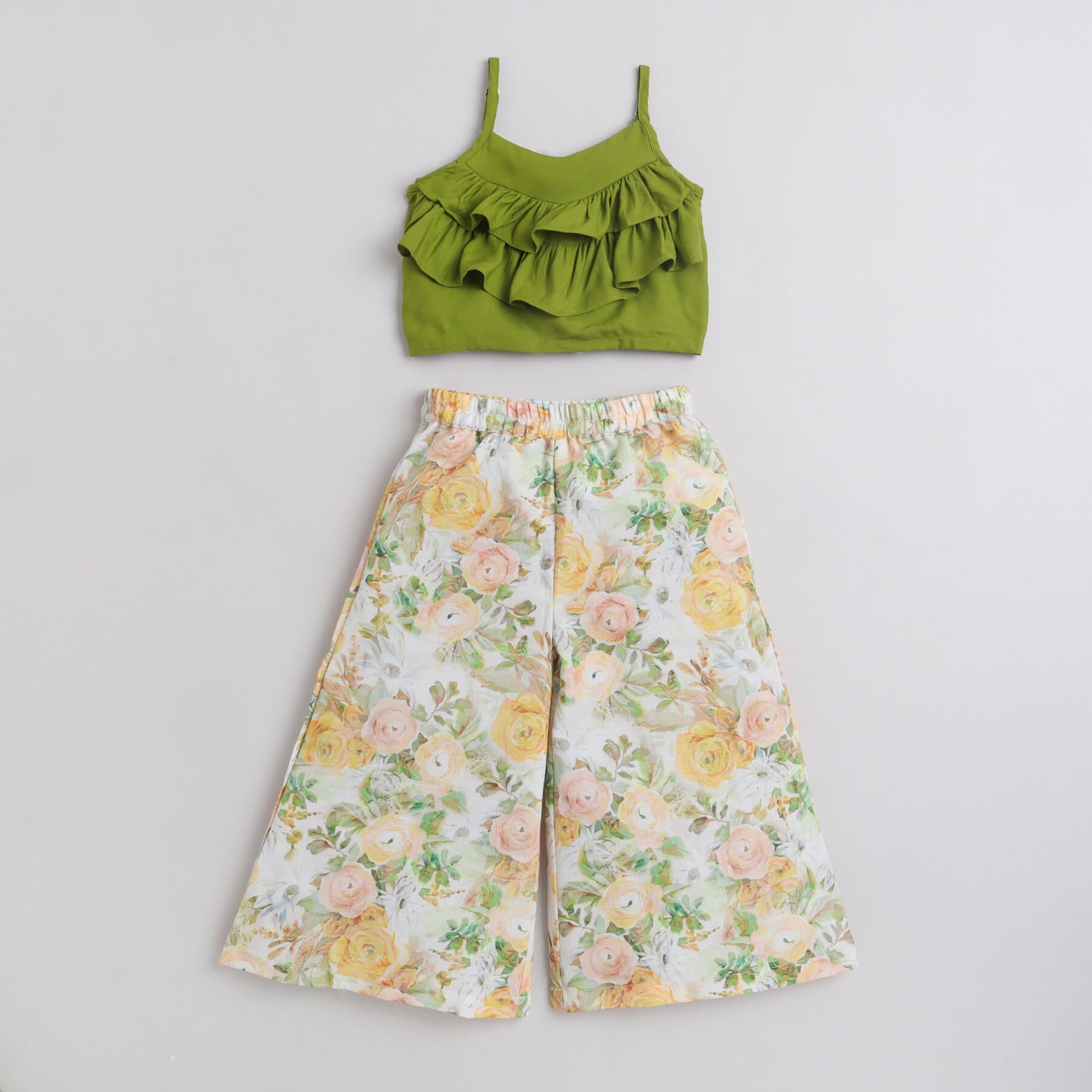 Taffykids 100% cotton Ruffle detail ethnic crop top and printed pant set-Green