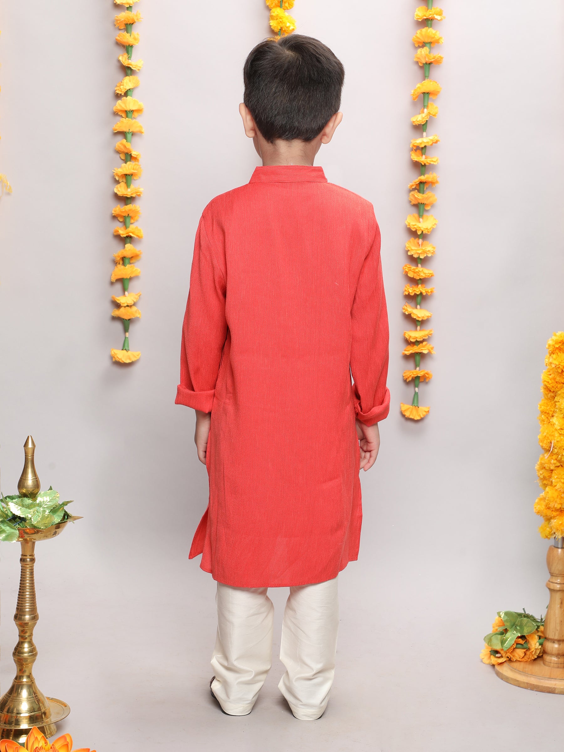 Shop Full Sleeves Textured Kurta With Solid Pajama Set-Red/White Online