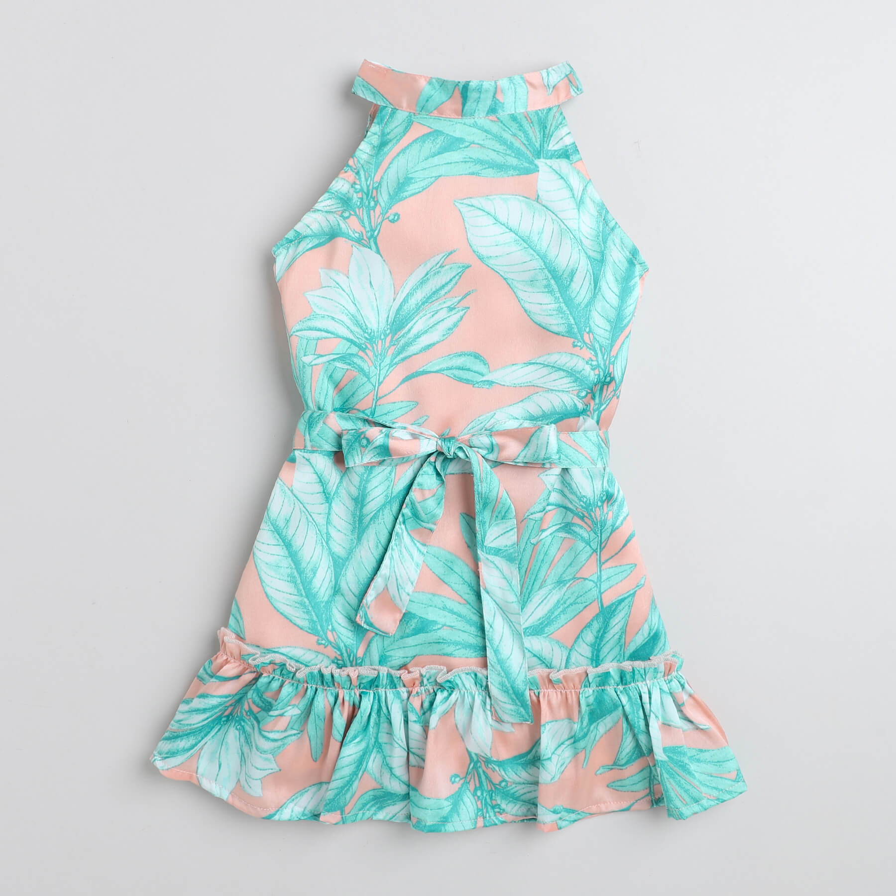 tropical printed dress with tieup belt