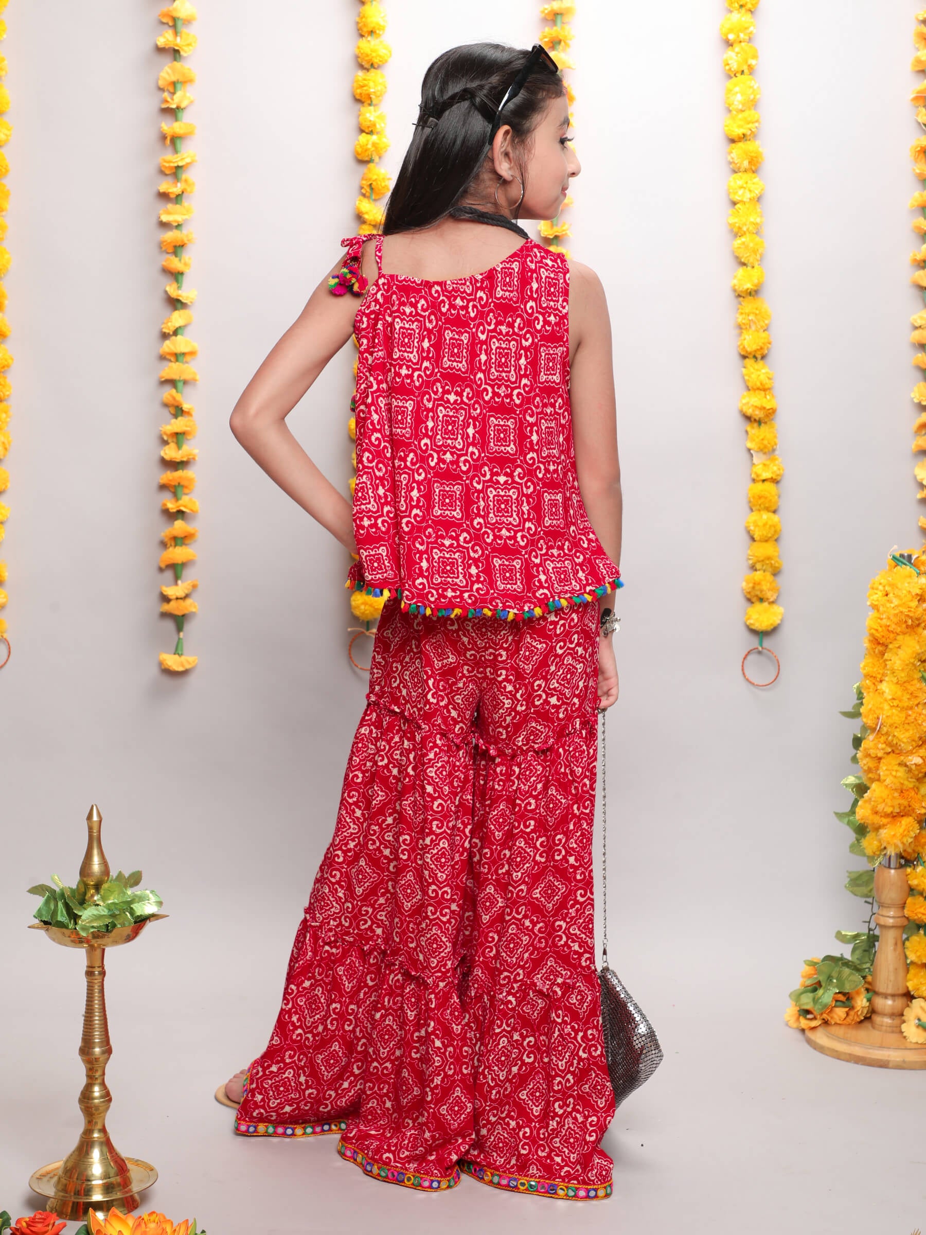 Shop Abstract Printed One Shoulder Ethnic Top And Sharara Pant Set-Red Online