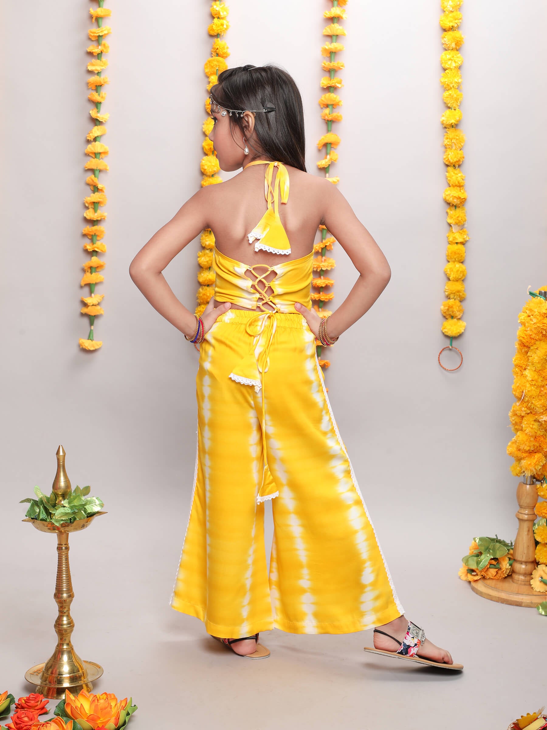 Shop Tie-Dye Printed Lace Detail Back Tie-Up Choli And Palazzo Set-Yellow Online