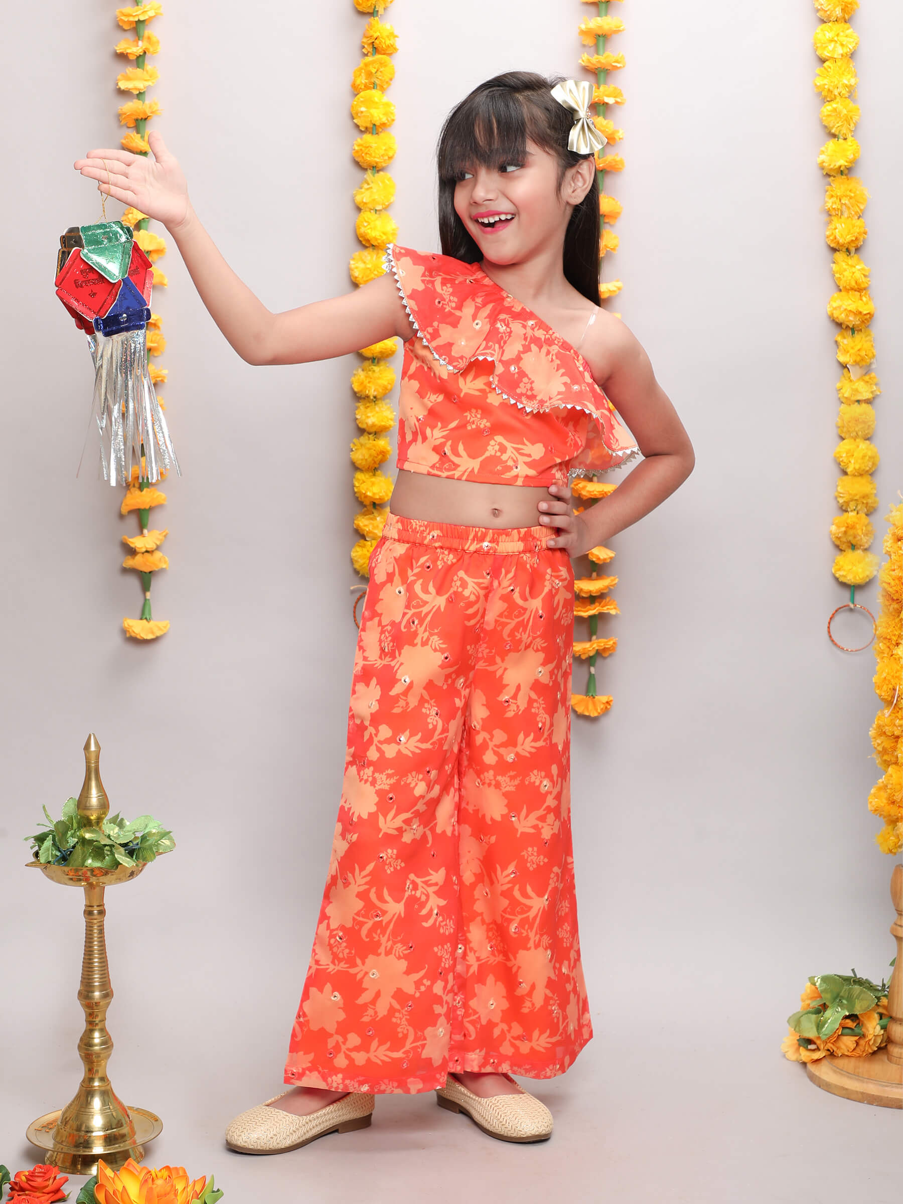 floral printed one shoulder ethnic crop top and palazzo set-Orange