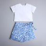 solid half sleeves crop top and printed shorts set-Blue/White