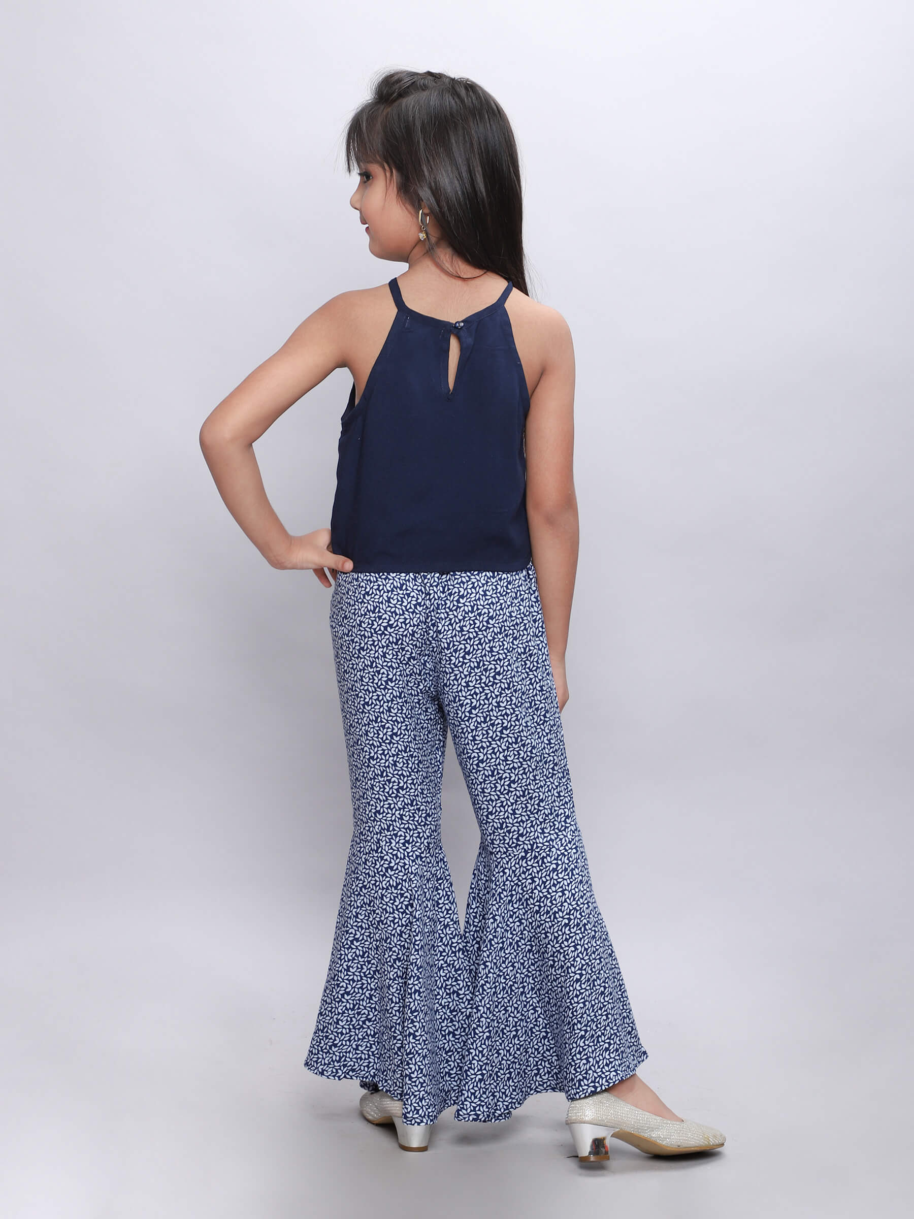 Shop Solid Crop Top With Printed Bell Bottom Pant Set-Navy/White Online