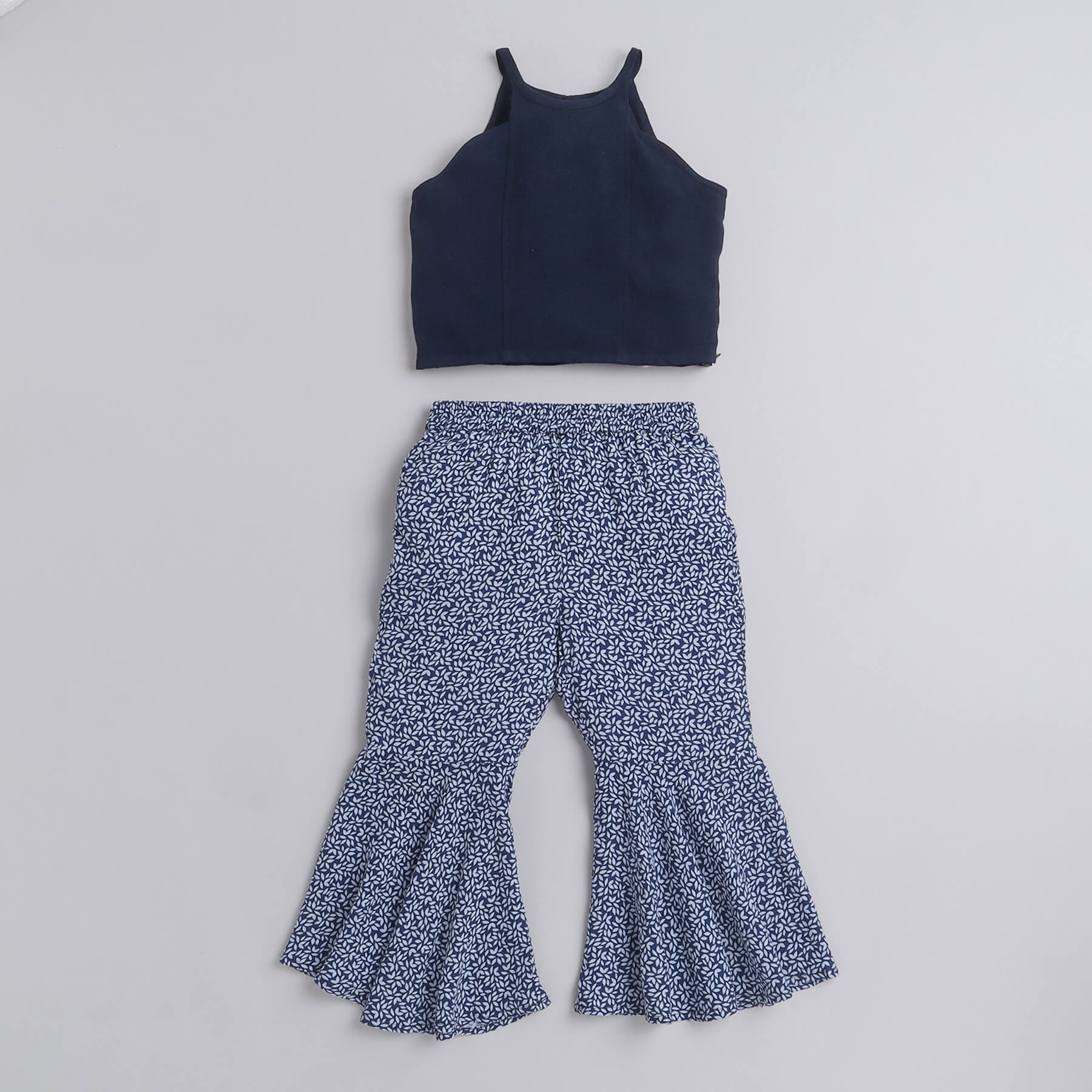 Taffykids solid crop top with printed bell bottom pant set-Navy/White