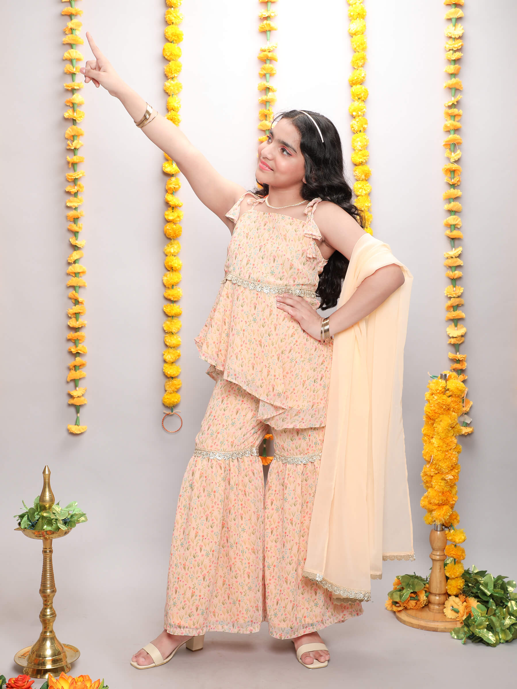 floral printed asymmetric peplum kurta and sharara set with dupatta-Peach