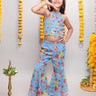 floral printed ethnic crop top and bell bottom pant set - Blue