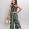 Halter neck pleated partywear crop top and pant set- Olive Green