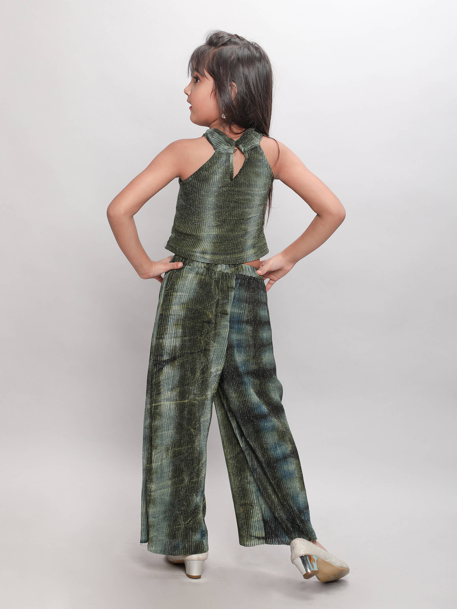 Shop Halter Neck Pleated Party Wear Crop Top And Pant Set- Olive Green Online