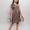 foil printed pleated ruffle detail party dress-Bronze