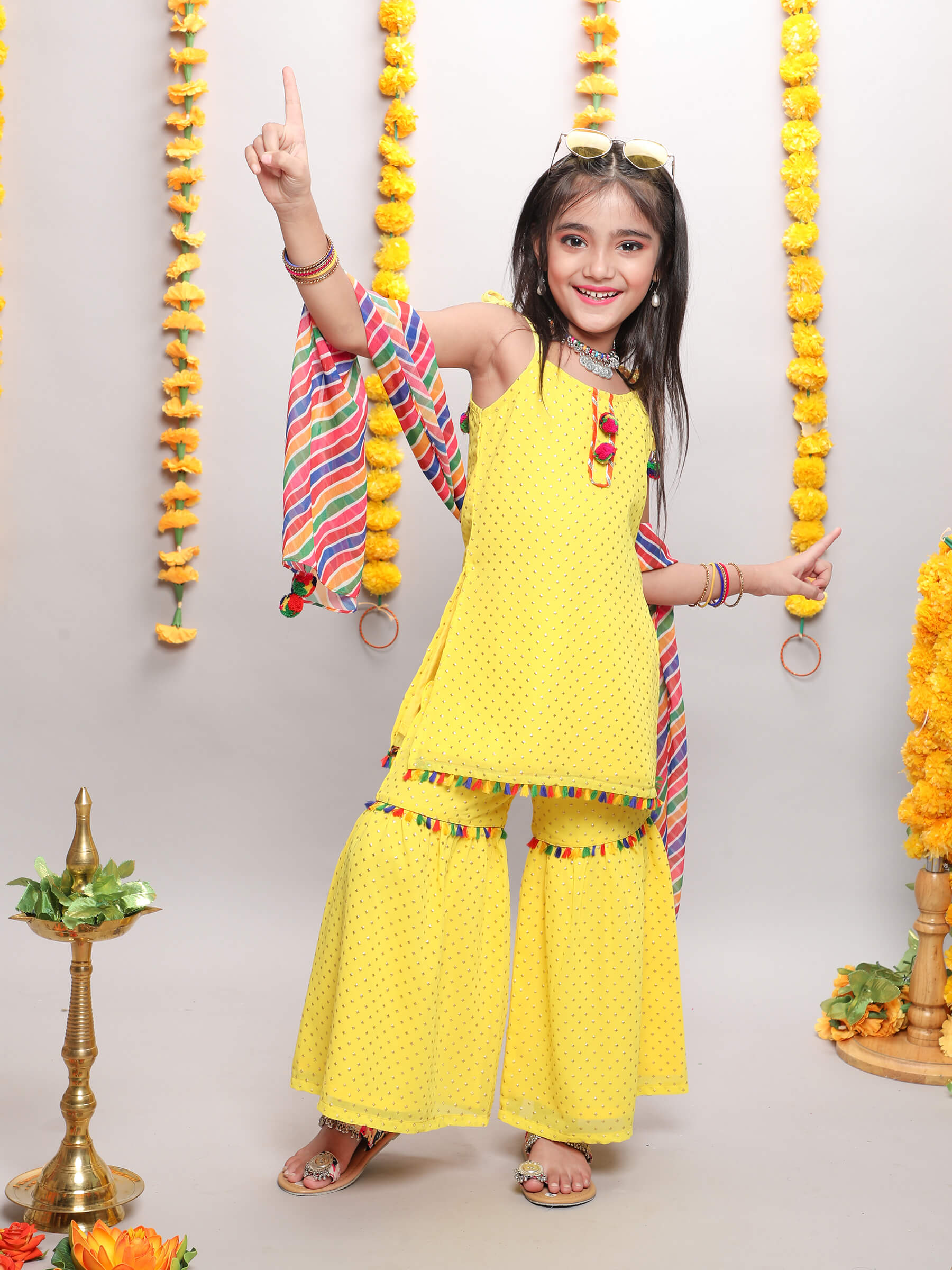 foil printed tie-up kurta top and sharara set with colourful laheriya dupatta- Yellow