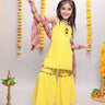 foil printed tie-up kurta top and sharara set with colourful laheriya dupatta- Yellow