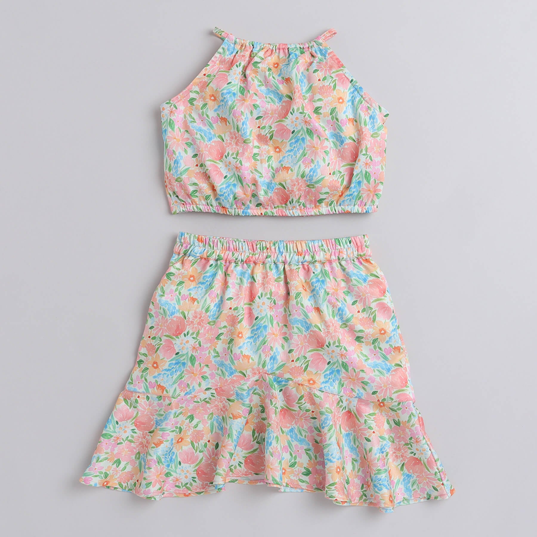 Shop Floral Printed Halter Neck Top And Short Frill Skirt Set- Multi Online